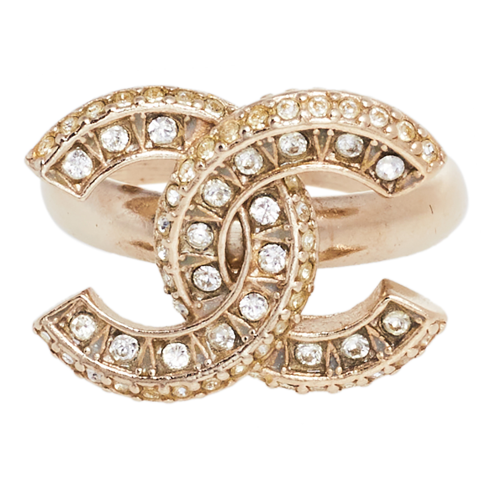 

Chanel Gold Tone Crystal CC Ring EU 54
