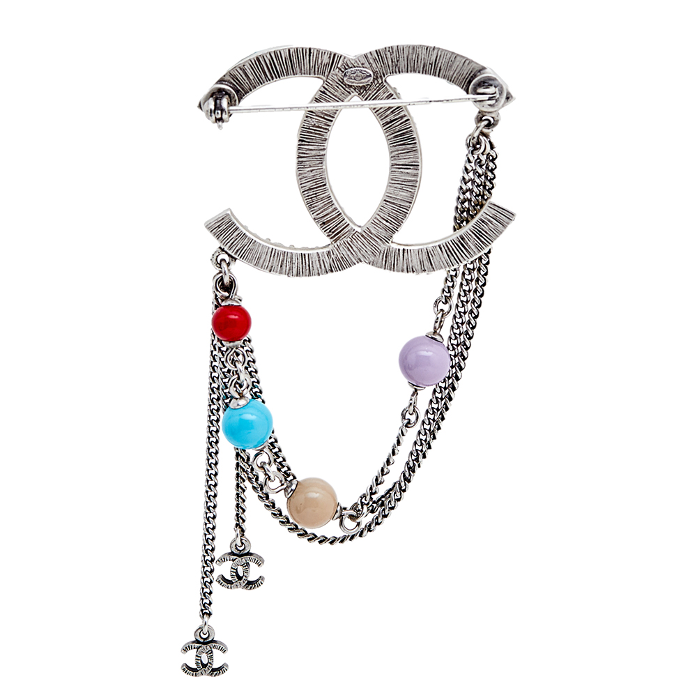 

Chanel CC Faux Pearls Crystals Multi Color Beads Silver Tone Metal Brooch