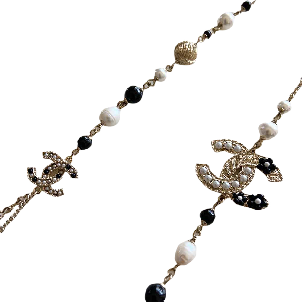 

Chanel Black Bead Faux Pearl CC Flower Pendant Long Necklace