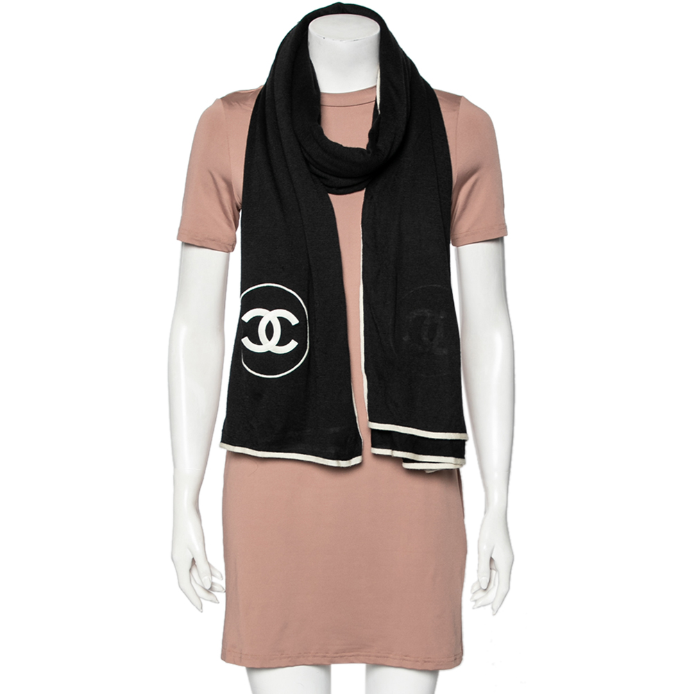 

Chanel Black Logo Embroidered Cashmere & Silk Scarf