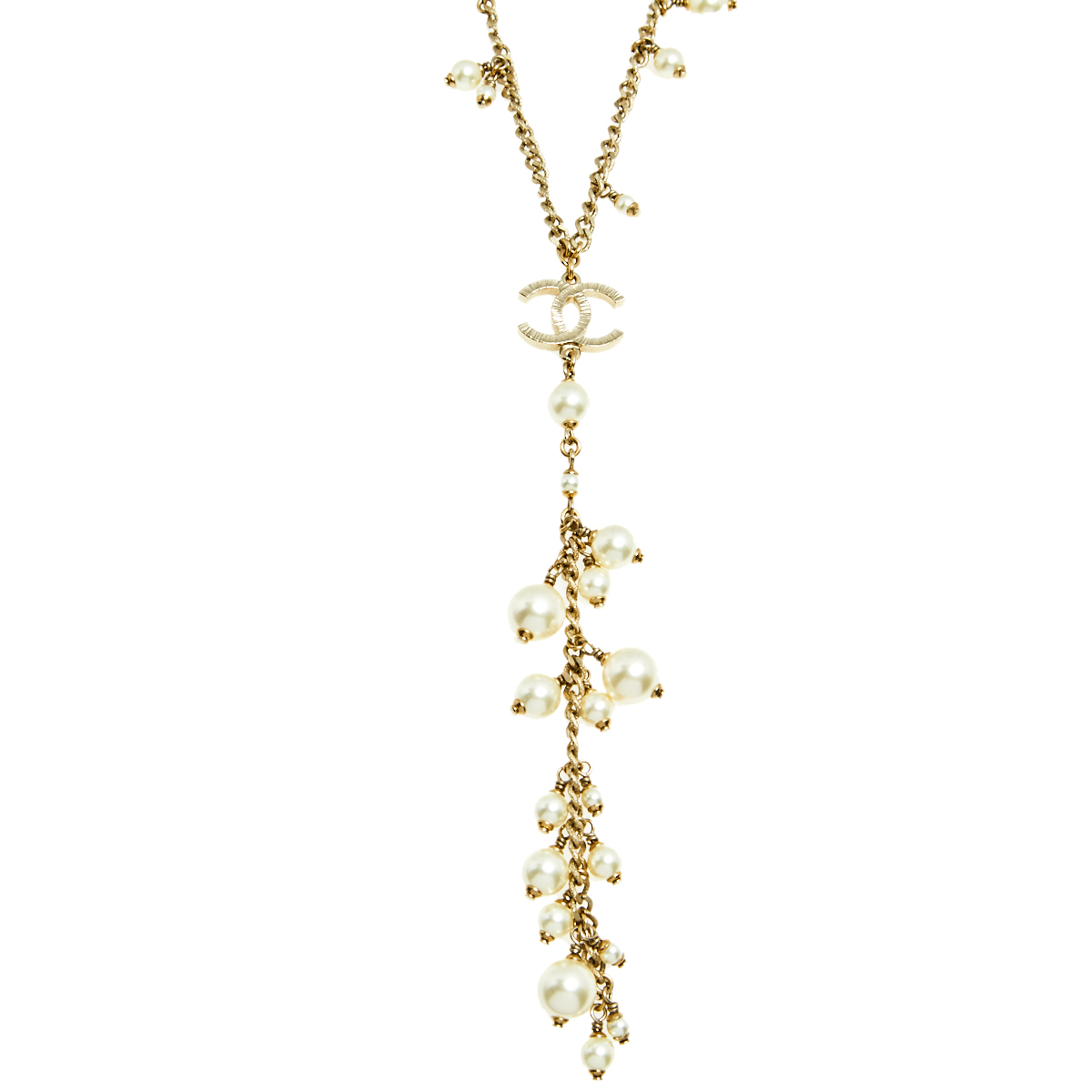 

Chanel Gold Tone Pearl Cluster Long Pendant Necklace