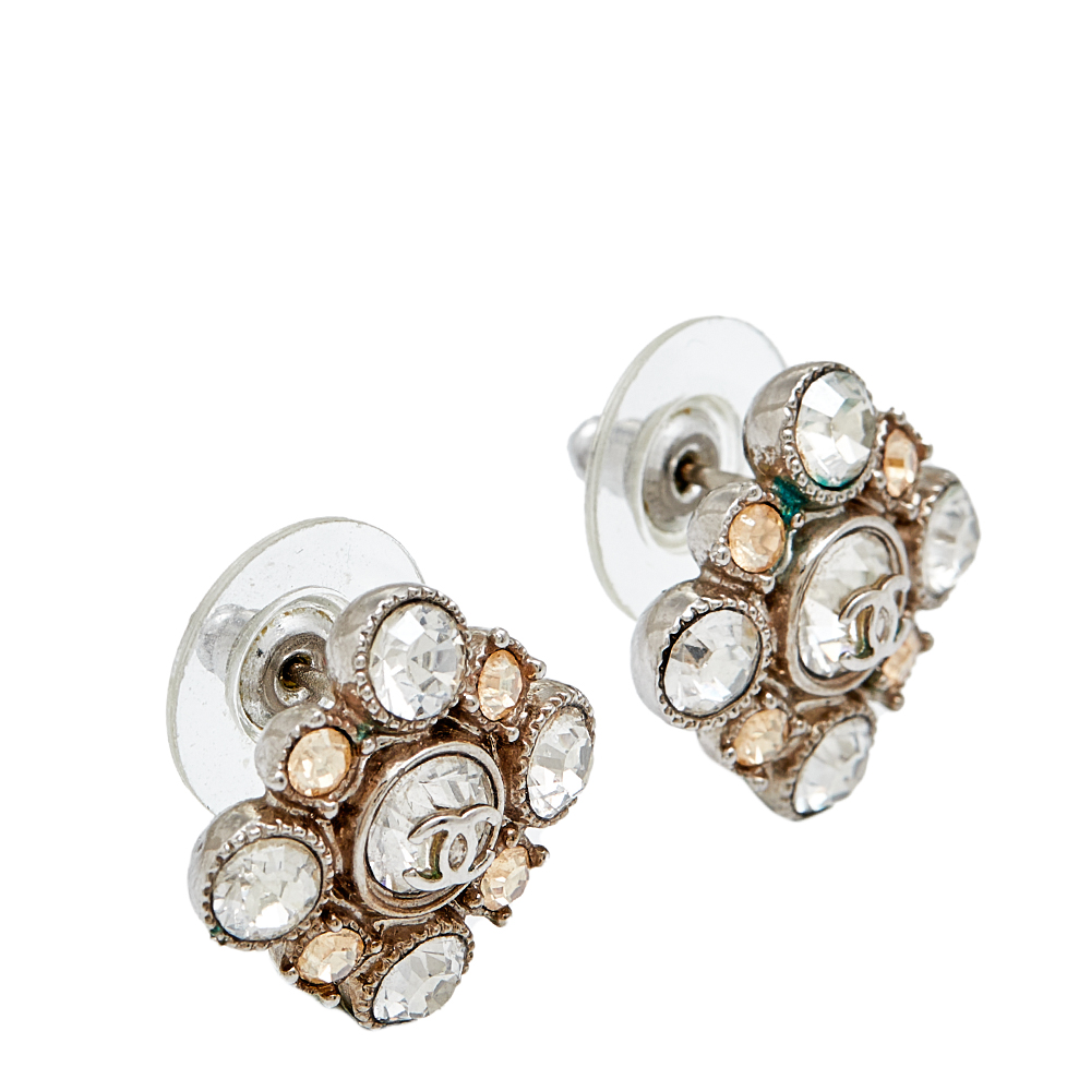 

Chanel CC Floral Crystal Embellished Silver Tone Stud Earrings