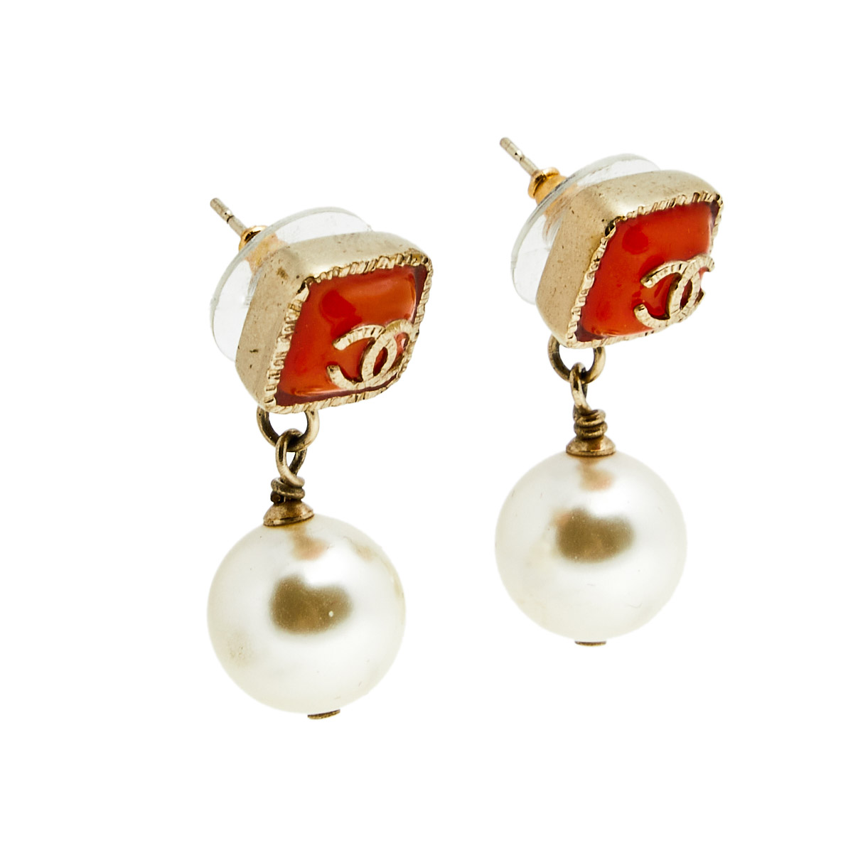 

Chanel Orange CC Pearl Drop Earrings