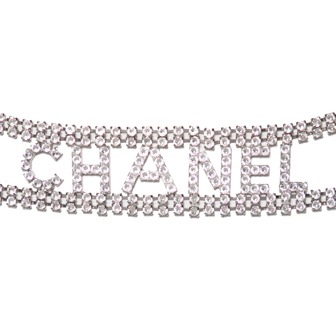 

Chanel Silver Tone Crystal Logo Chain Belt