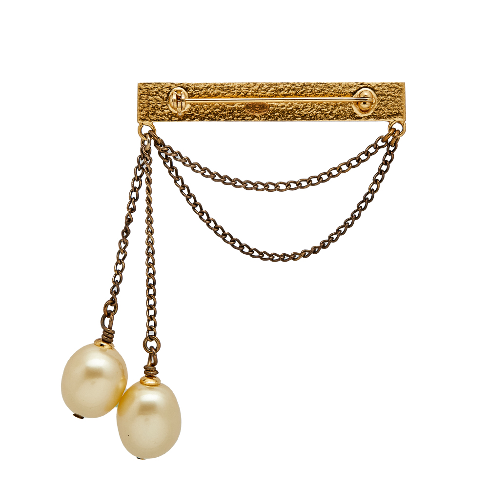 

Chanel Gold Tone Pearl Logo Chain Pin Brooch