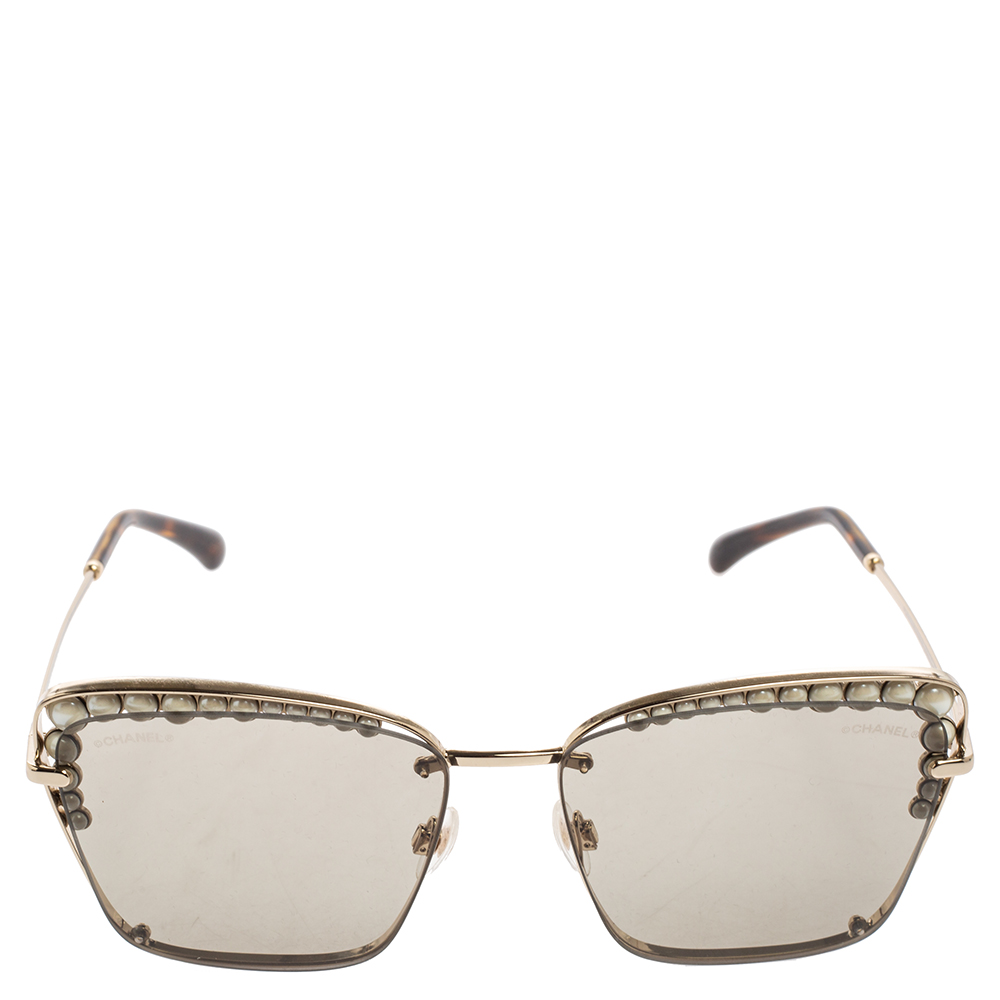 

Chanel Brown Havana/Gold Tone 4235H Pearl Embellished Cat Eye Sunglasses