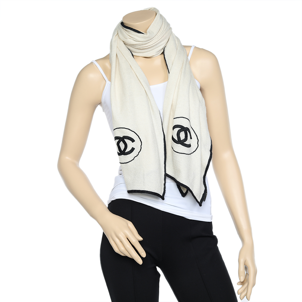 

Chanel Ecru CC Logo Embroidered Cashmere & Silk Knit Scarf, White