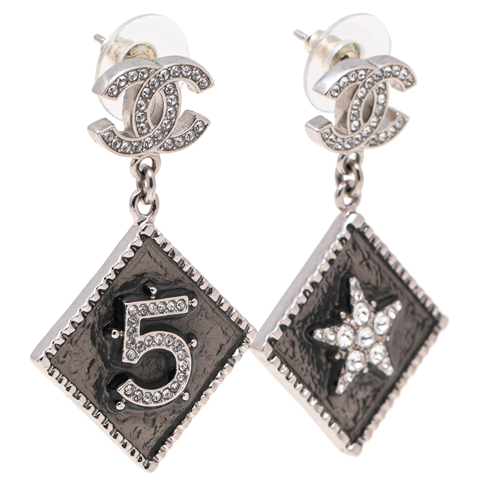 

Chanel CC No 5 Star Crystal Silver Tone Metal Earrings