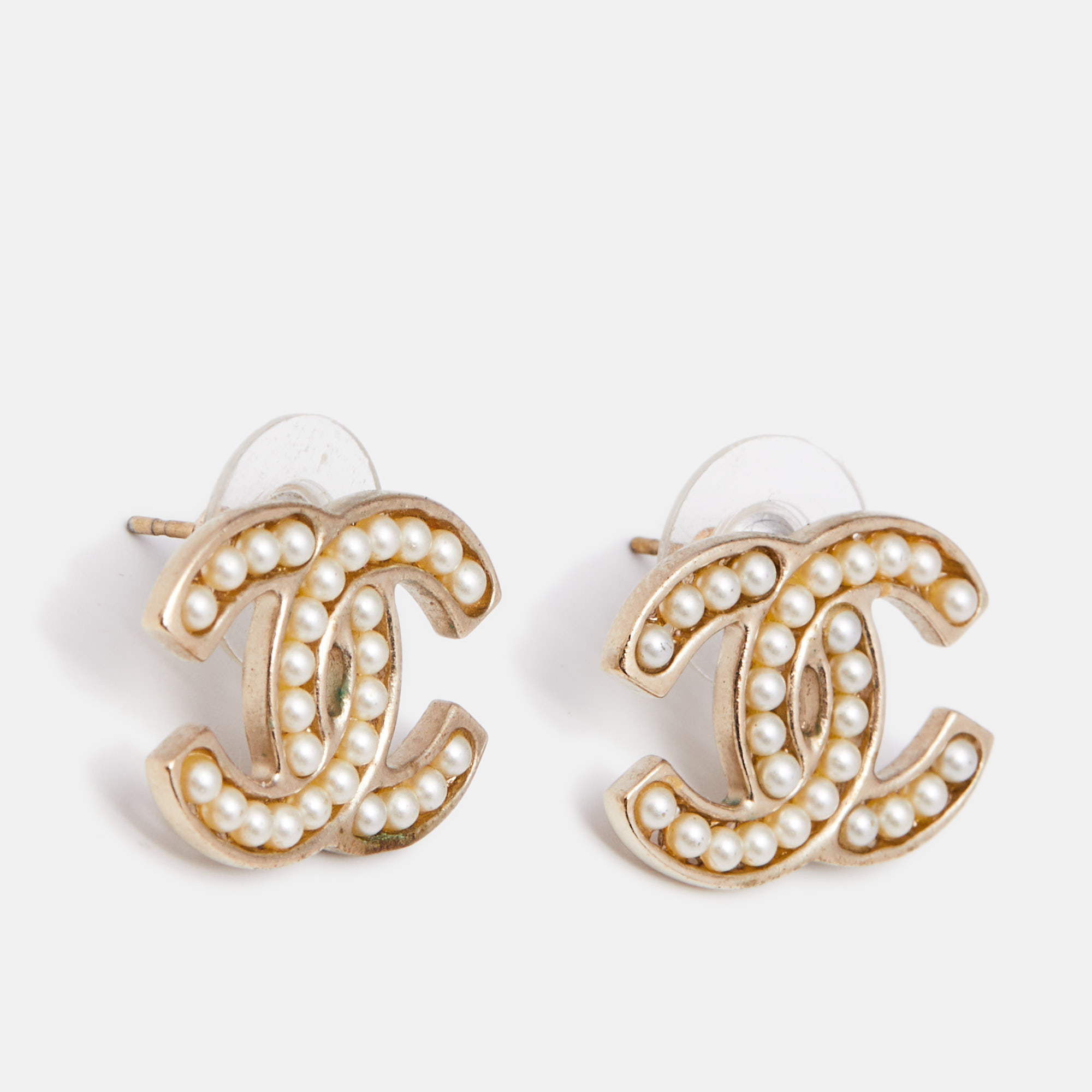 

Chanel CC Faux Pearl Gold Tone Metal Stud Earrings