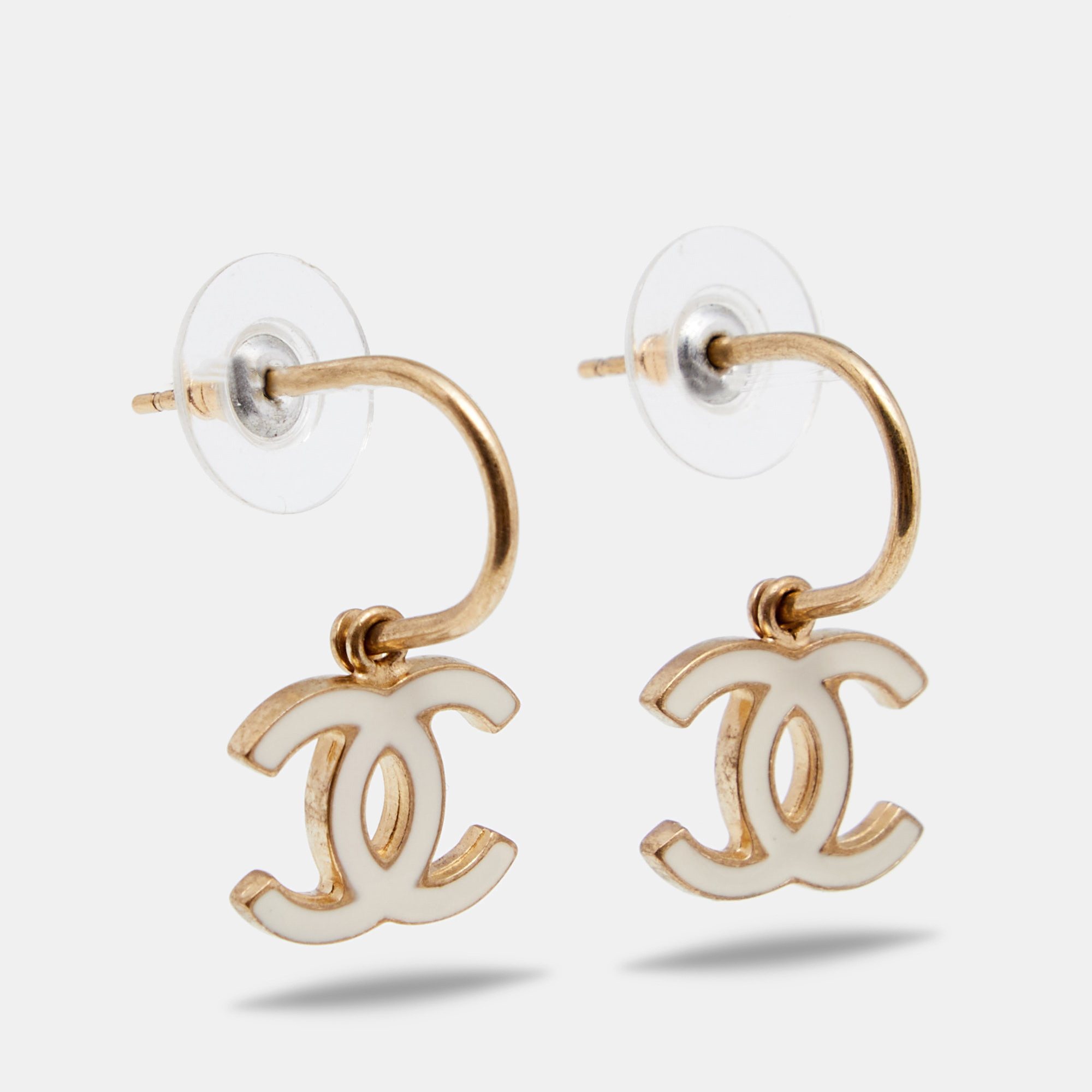 

Chanel Gold Tone White Enamel CC Drop Earrings