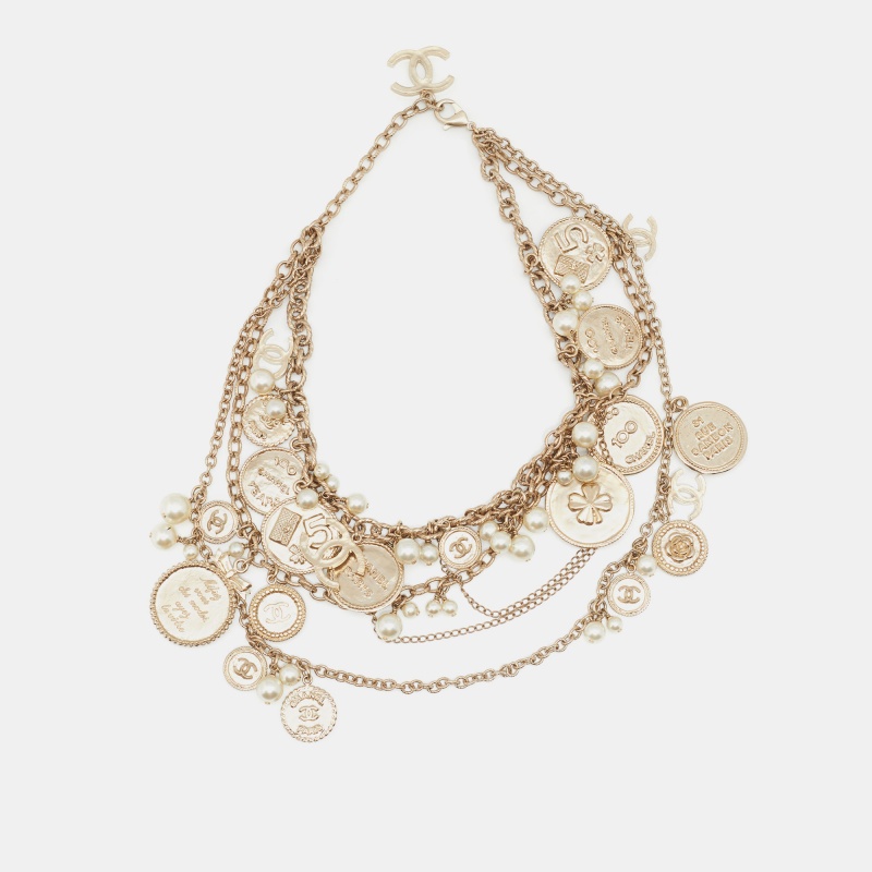 

Chanel Pale Gold Tone Faux Pearl Medallion Charms Multi Layered Necklace