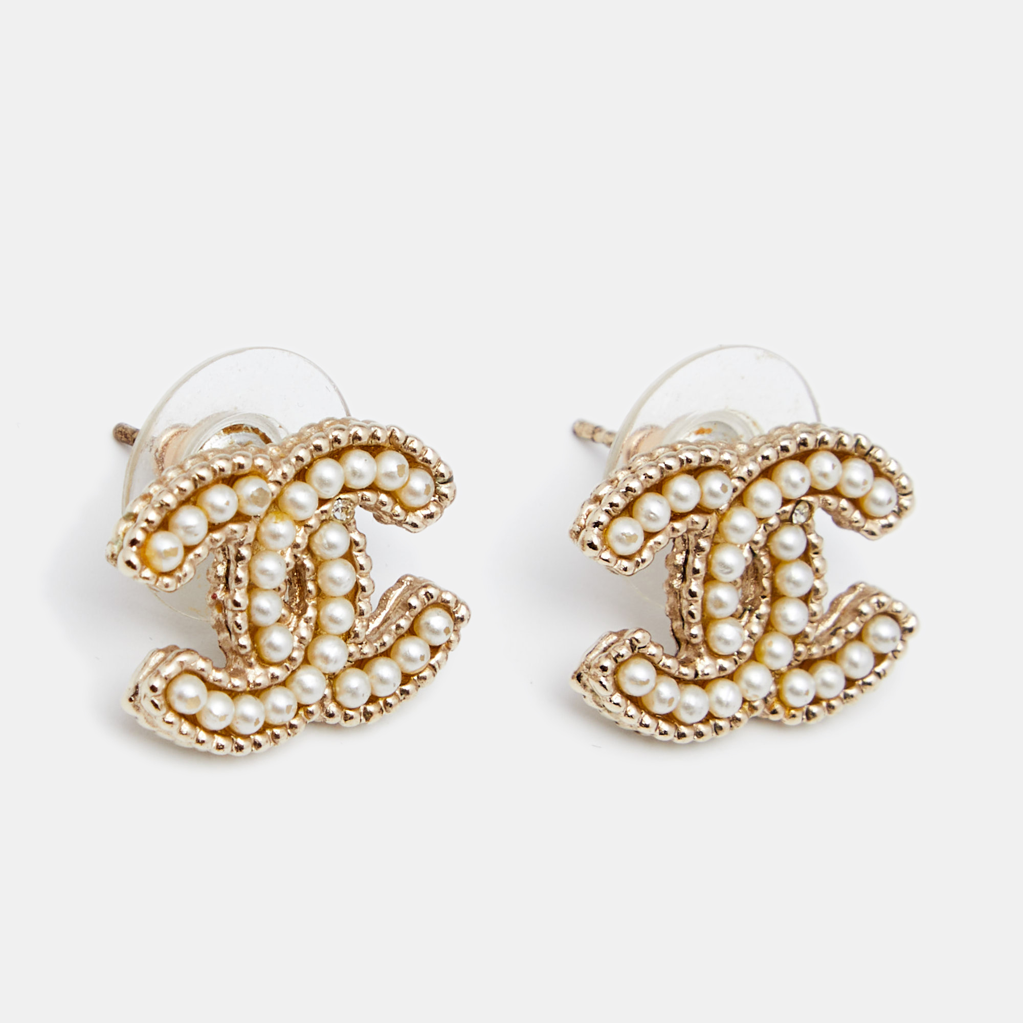 

Chanel Gold Tone Beaded CC Stud Earrings
