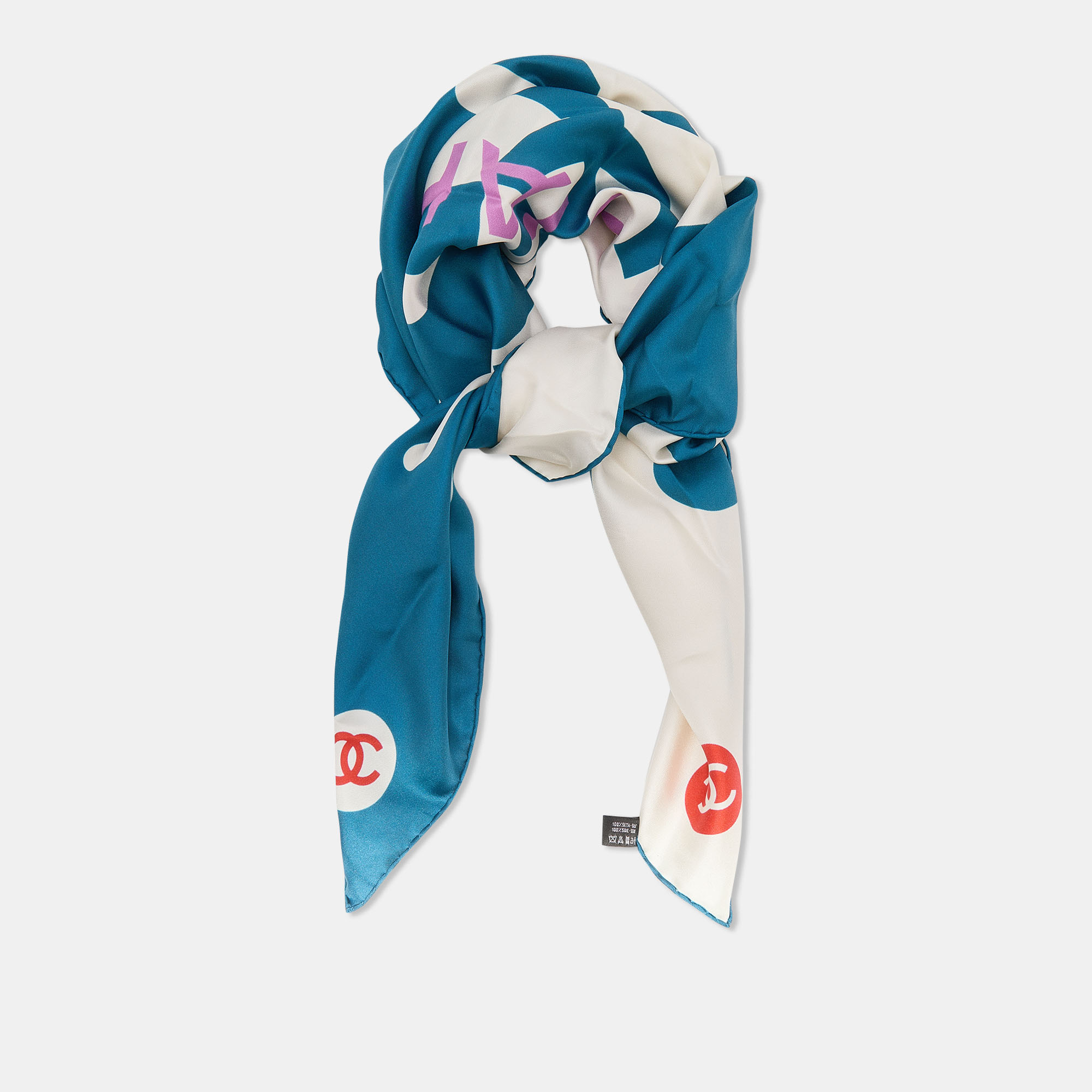 

Chanel Blue Logo Printed Silk Square Scarf