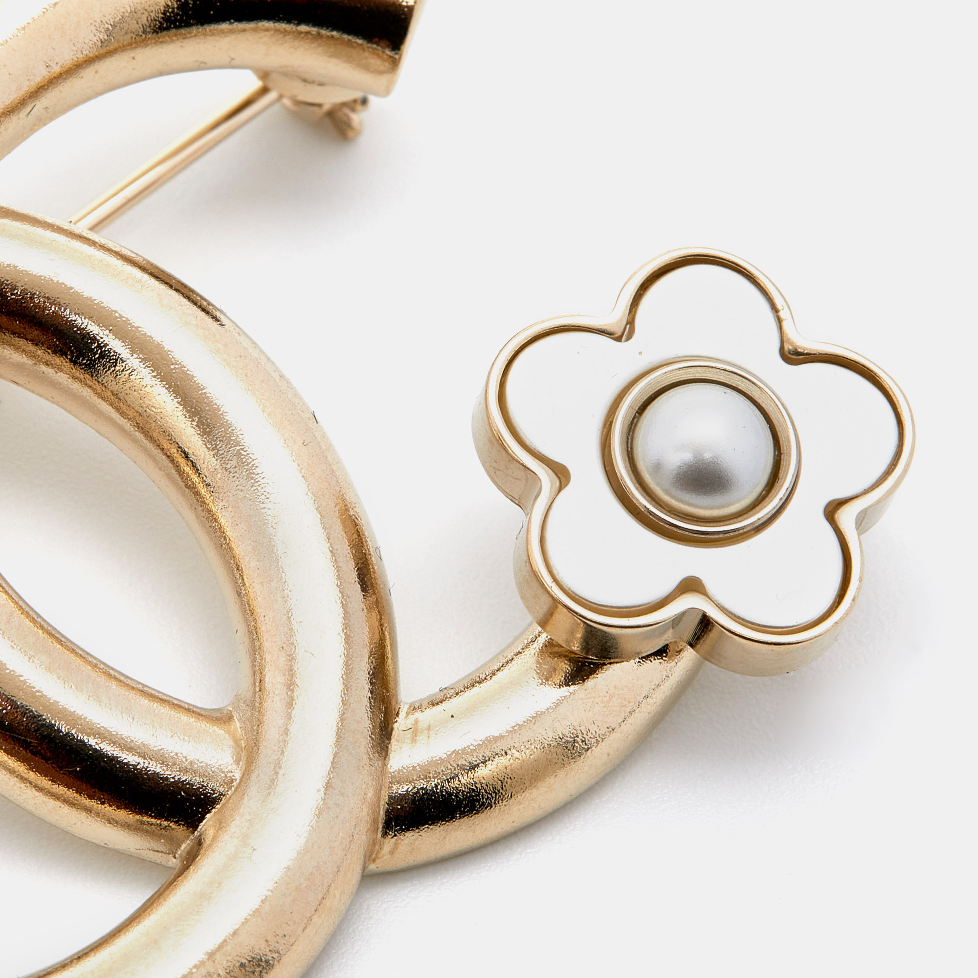 

Chanel Gold Tone Camelia Charm Pin Brooch