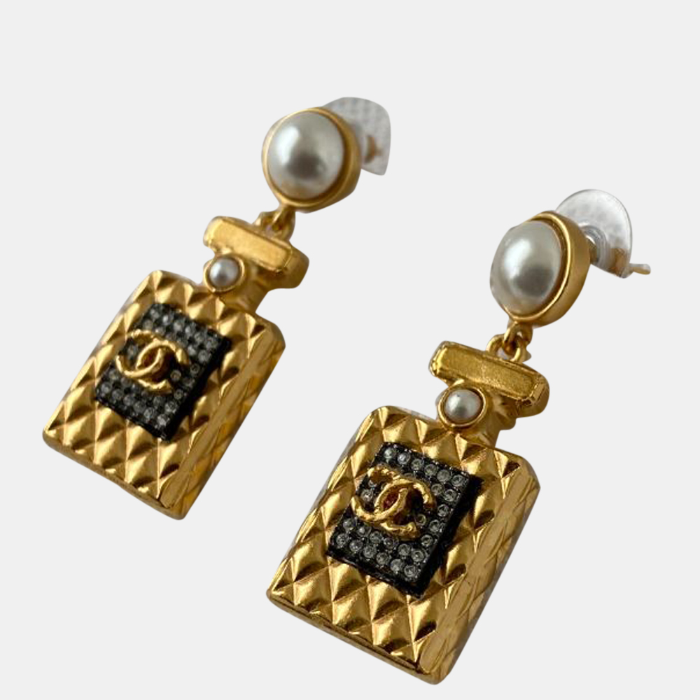 

Chanel Gold Perfume CC Crystal Charm Dangle Drop Earrings