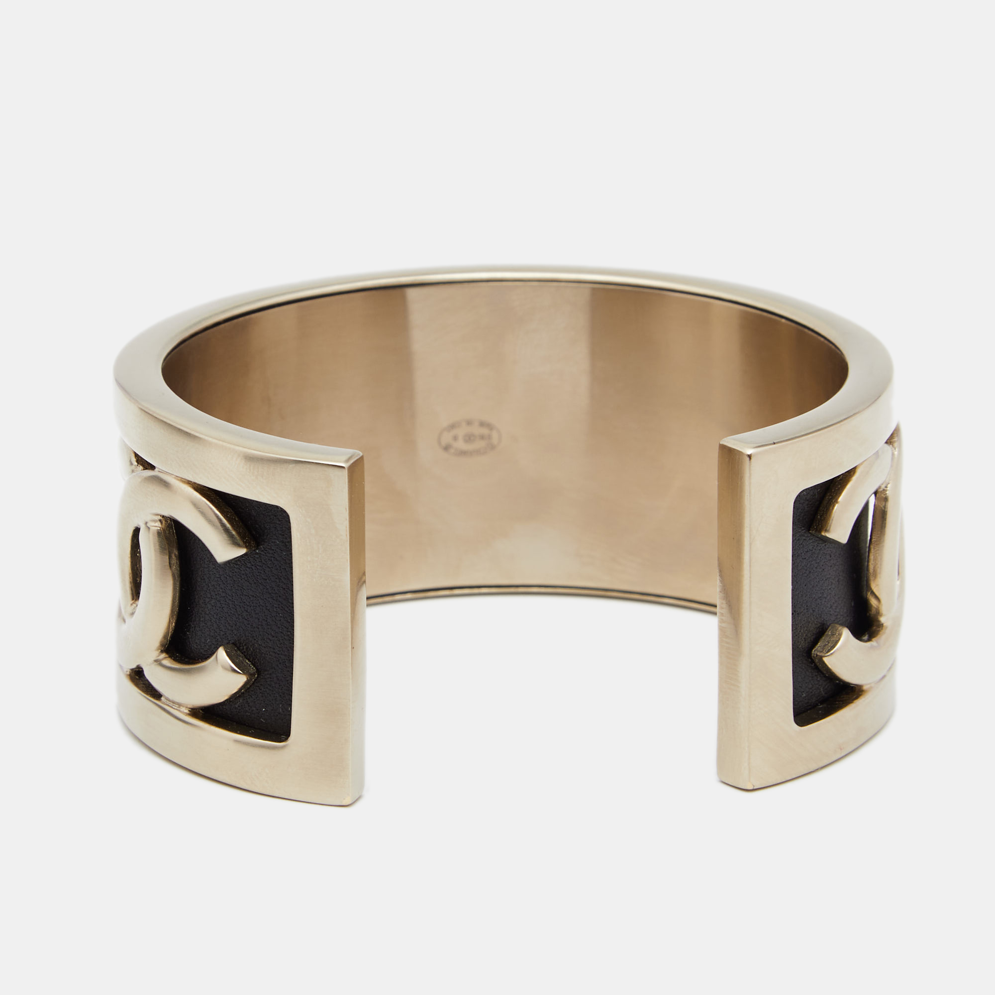 

Chanel CC Black Leather Gold Tone Open Cuff Bracelet