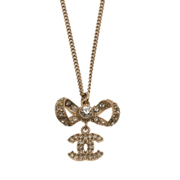 Chanel Bow CC Logo Crystal Gold Charm Necklace