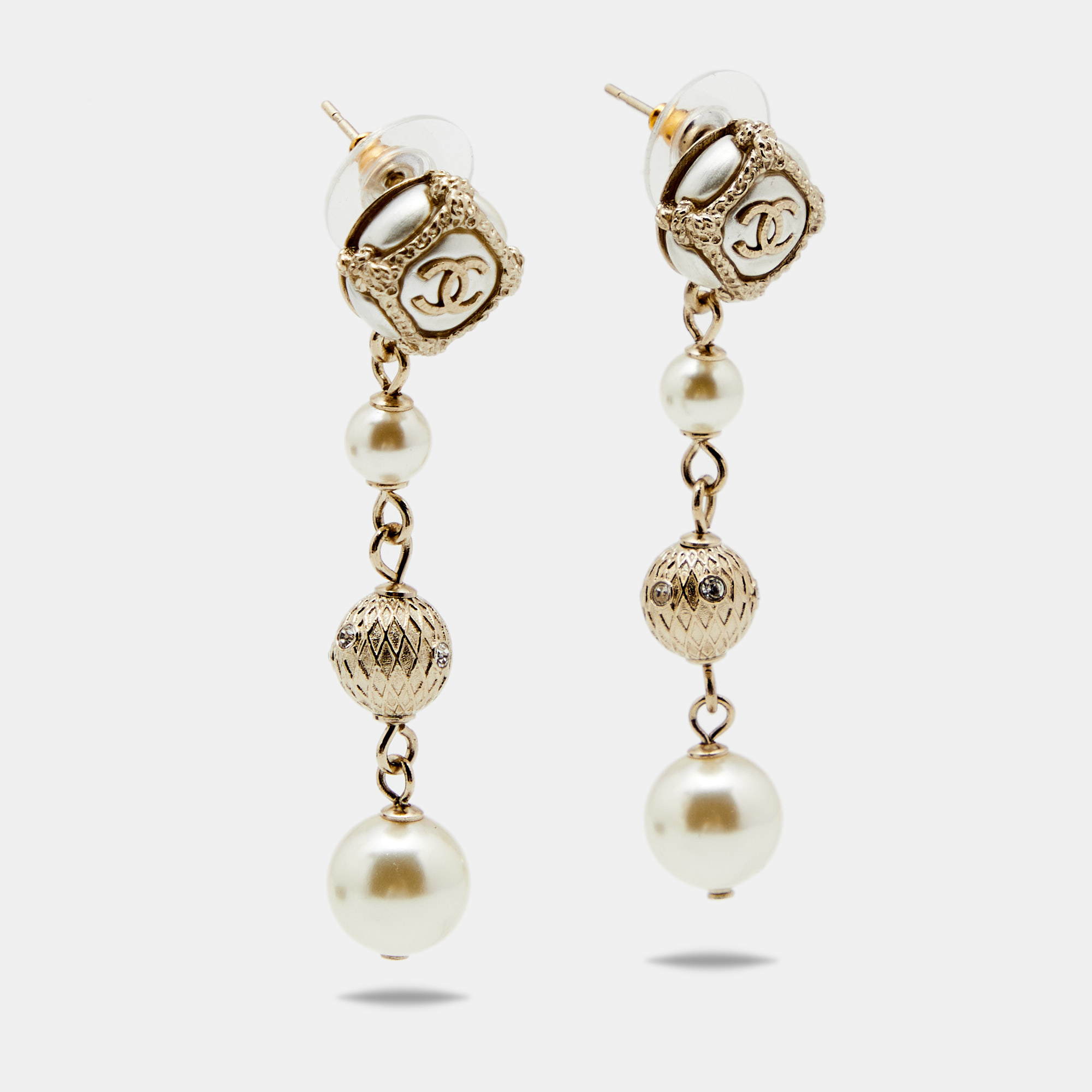 

Chanel CC Crystals Faux Pearls Gold Tone Earrings
