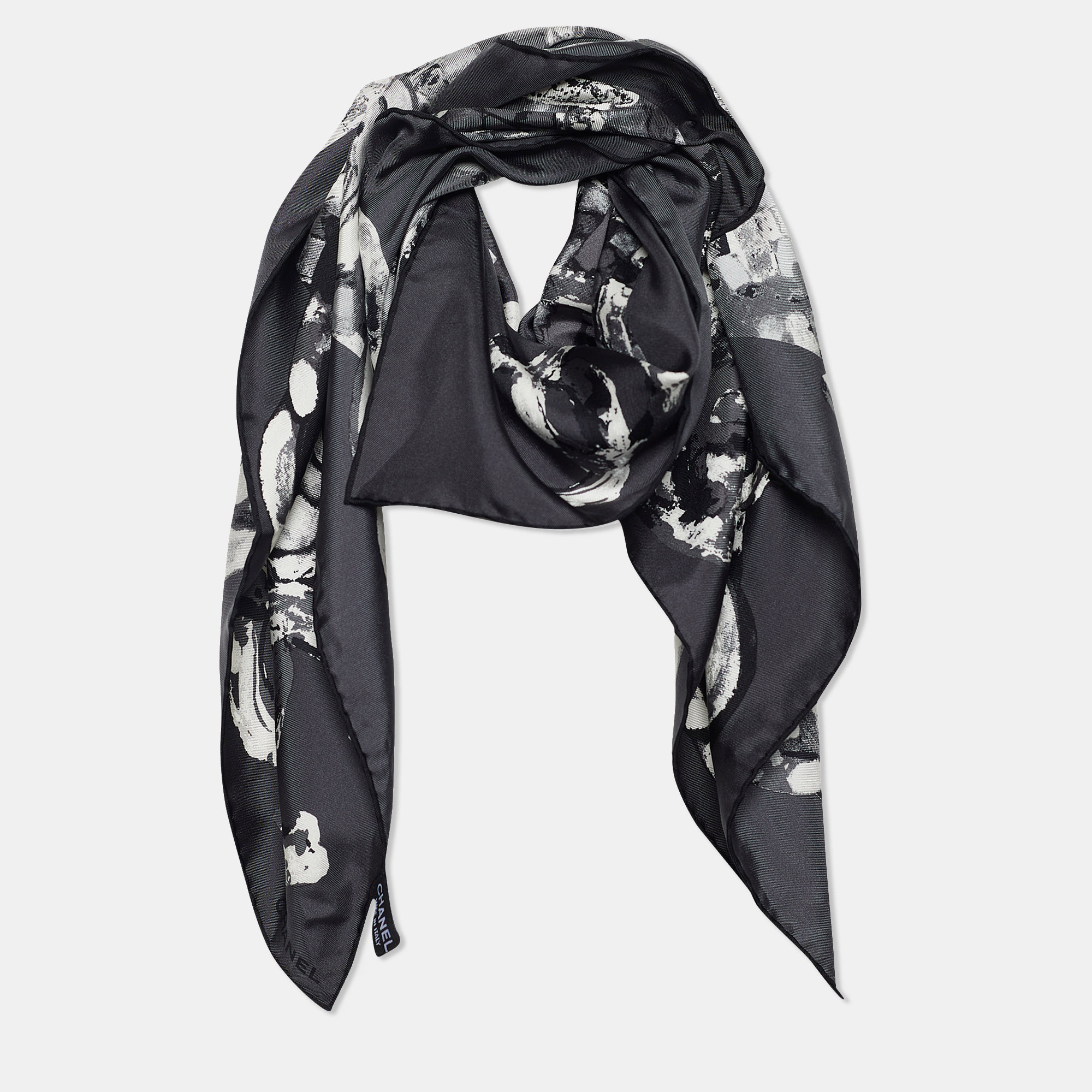 

Chanel Grey Camellia Print Silk Scarf