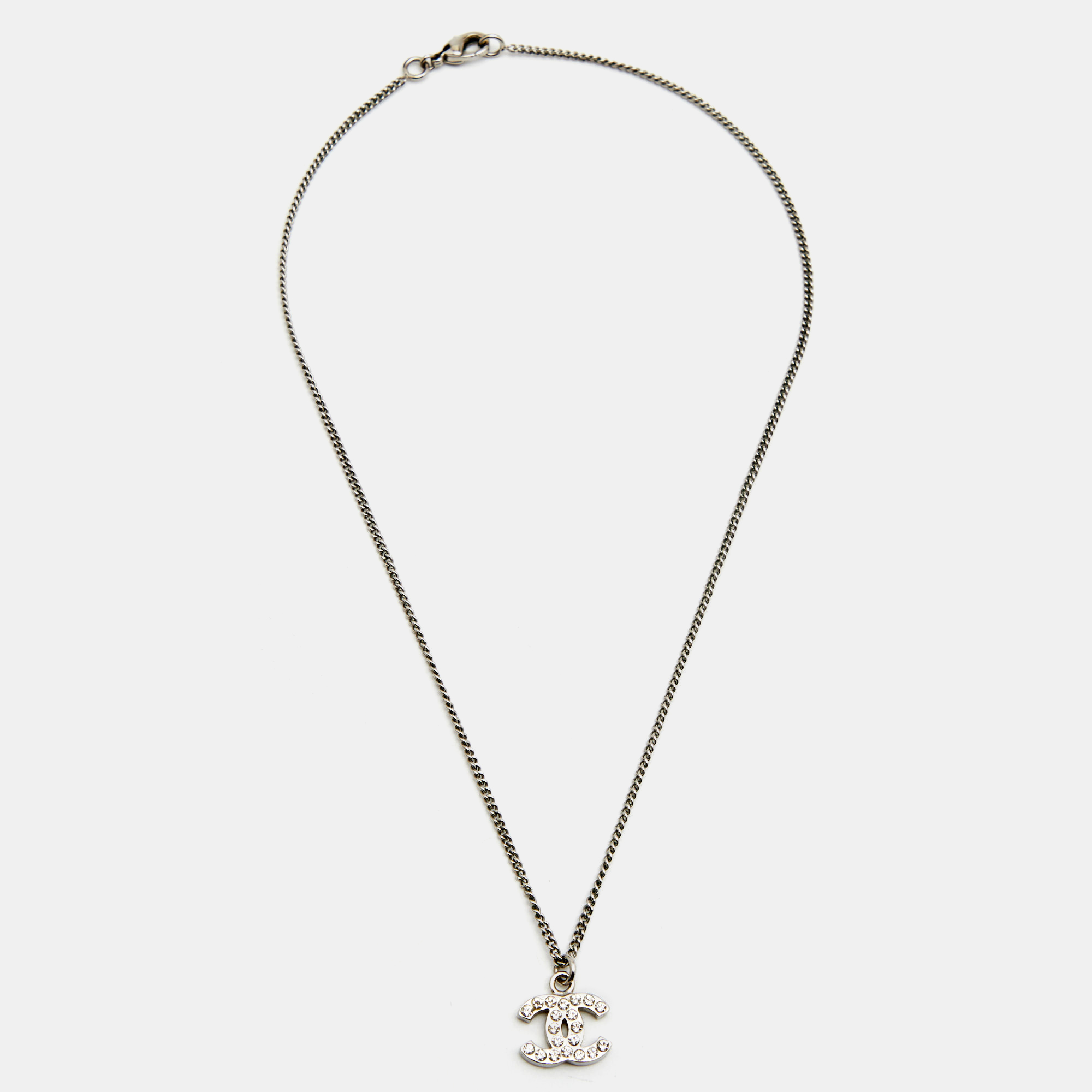 

Chanel Silver Tone Crystal CC Pendant Chain Necklace