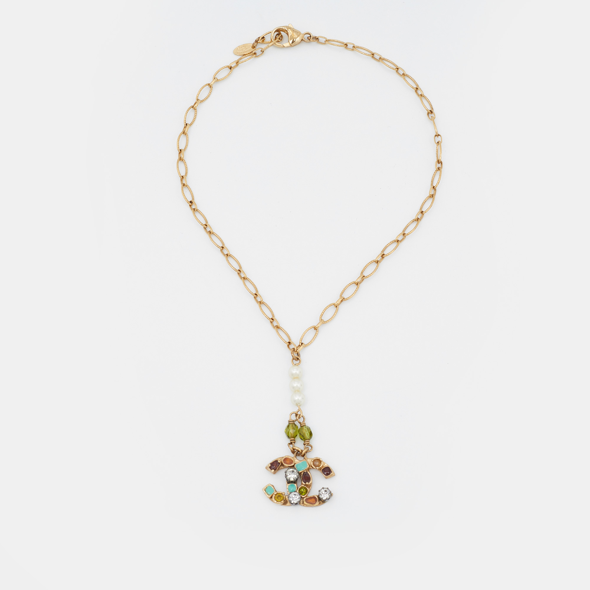 

Chanel Gold Tone Multicolor Crystal Embedded CC Charm Necklace