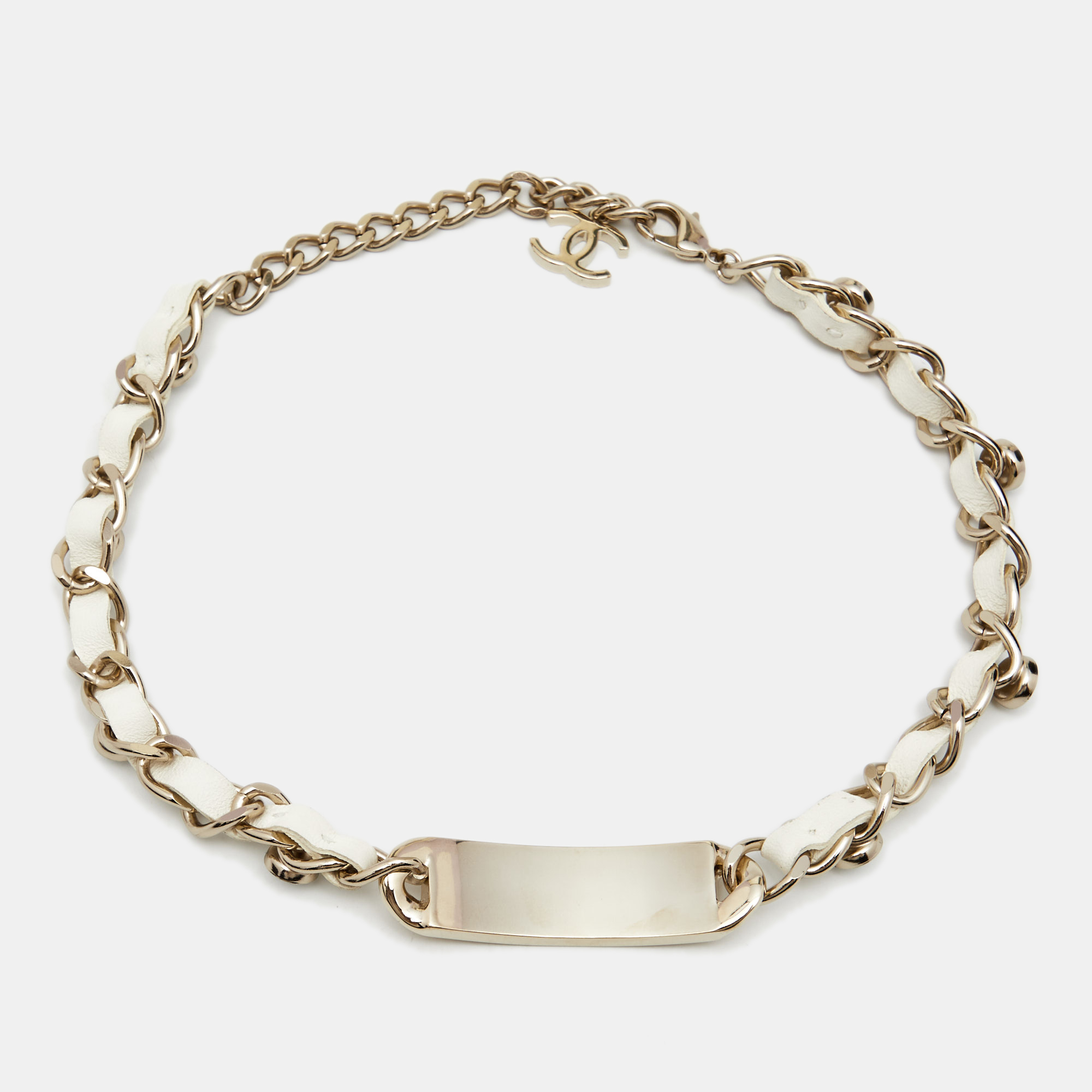 

Chanel Gold Tone Logo Plaque Leather Woven Choker, White