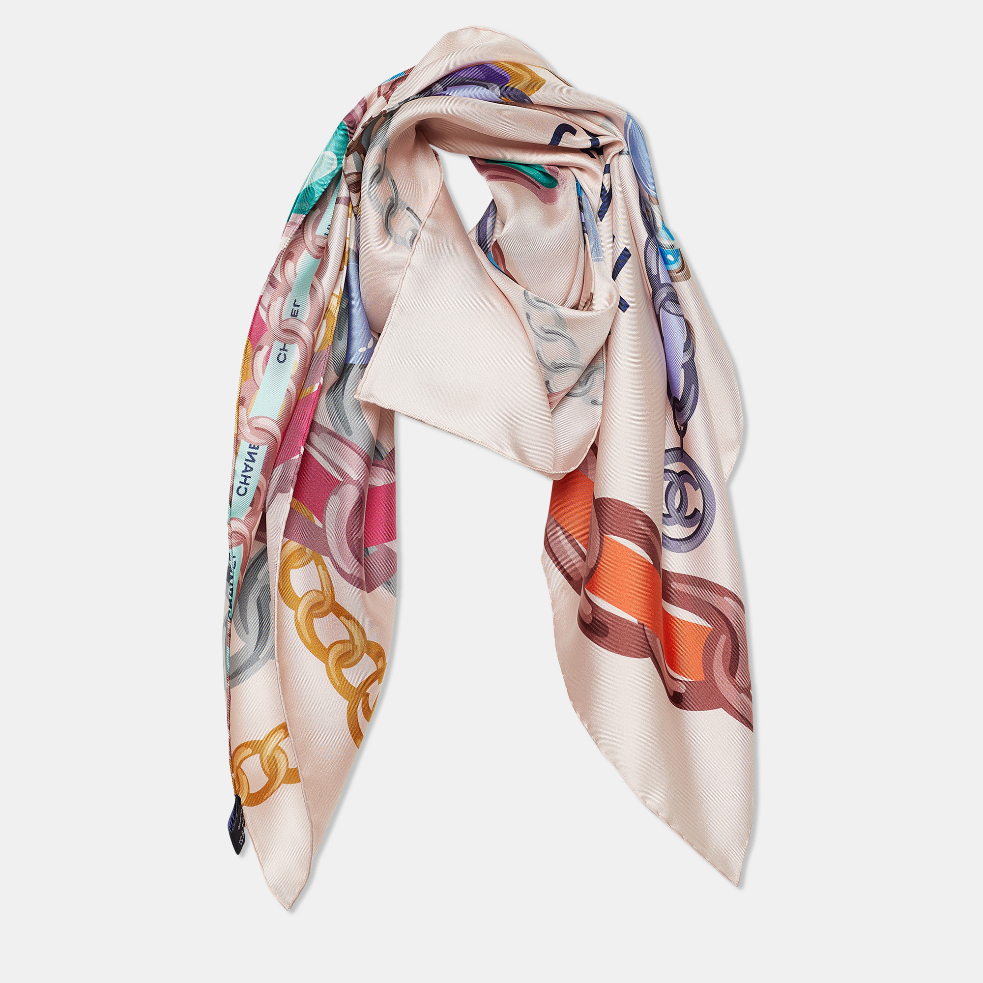 

Chanel Pale Pink Chain Print Silk Square Scarf