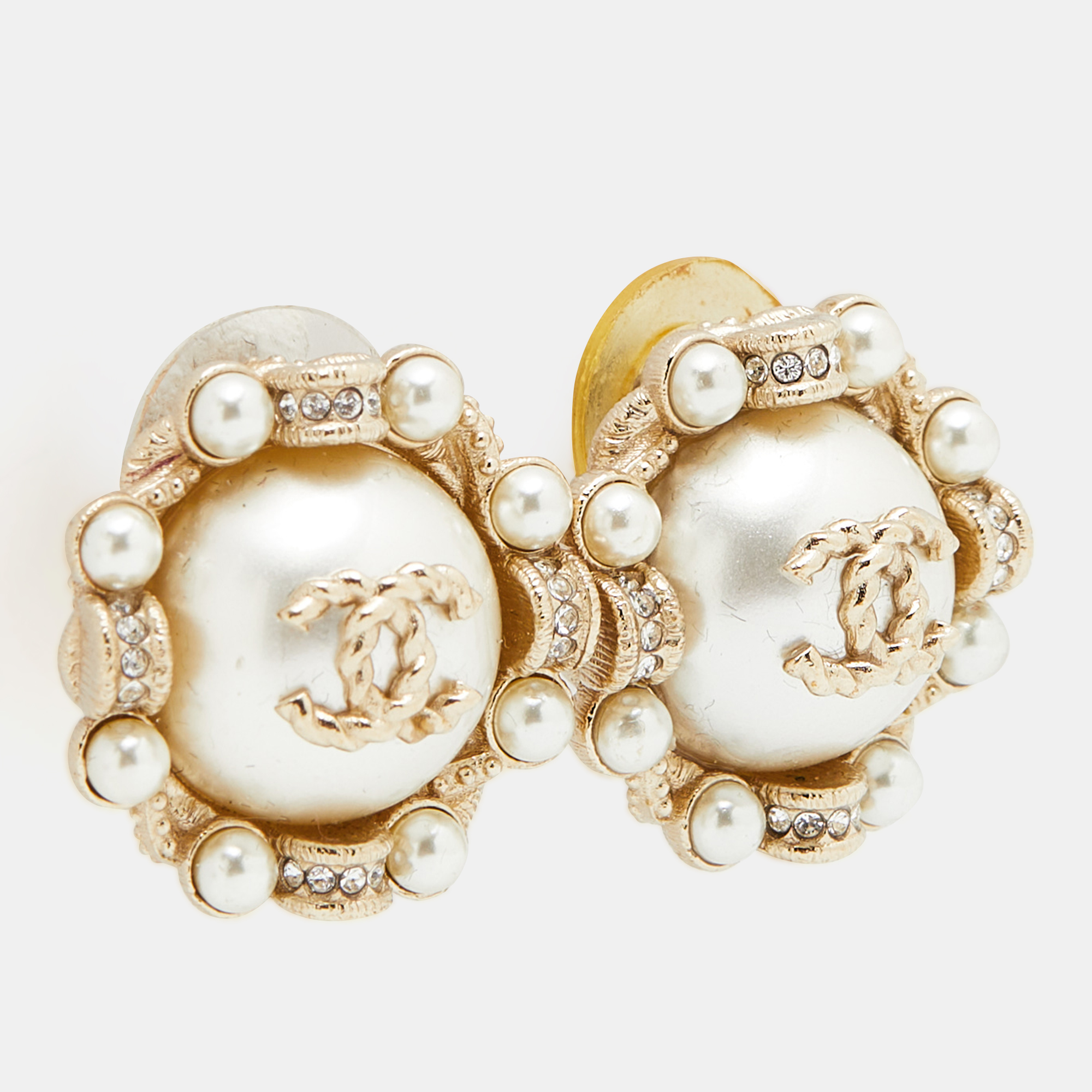 

Chanel Pale Gold Tone Faux Pearl & Crystal CC Stud Earrings
