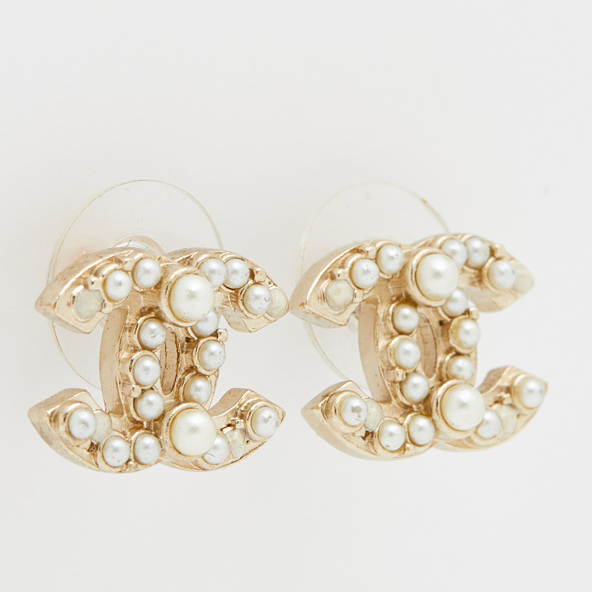 

Chanel Pale Gold Tone Faux Pearl CC Stud Earrings, White