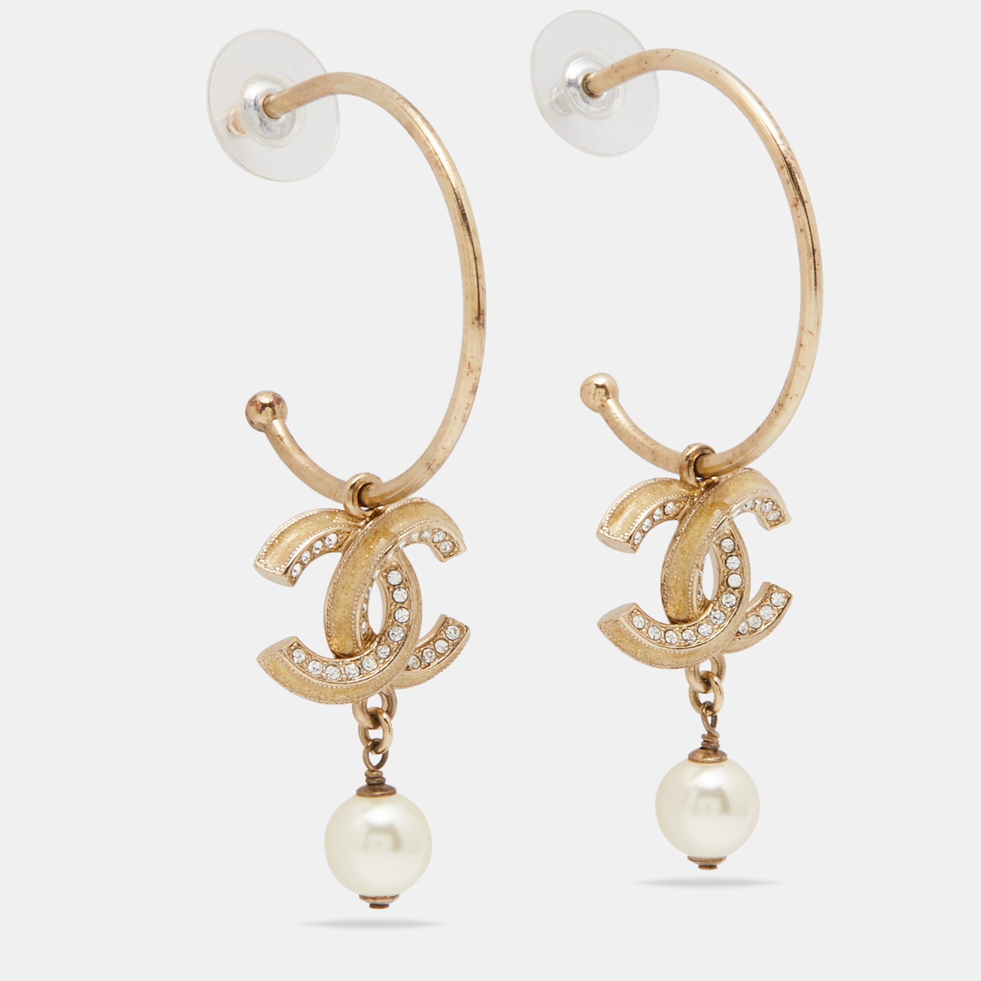 

Chanel Gold Tone Crystal & Enamel CC Faux Pearl Drop Hoop Earrings