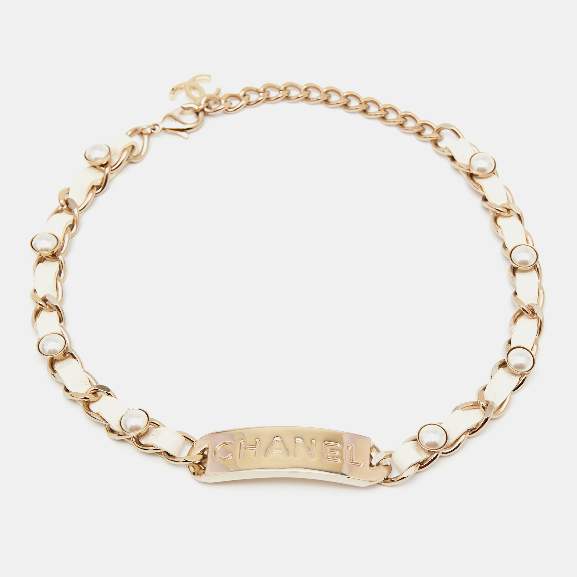 Pre Owned Chanel Gold Tone Logo Plaque White Leather Woven Choker
