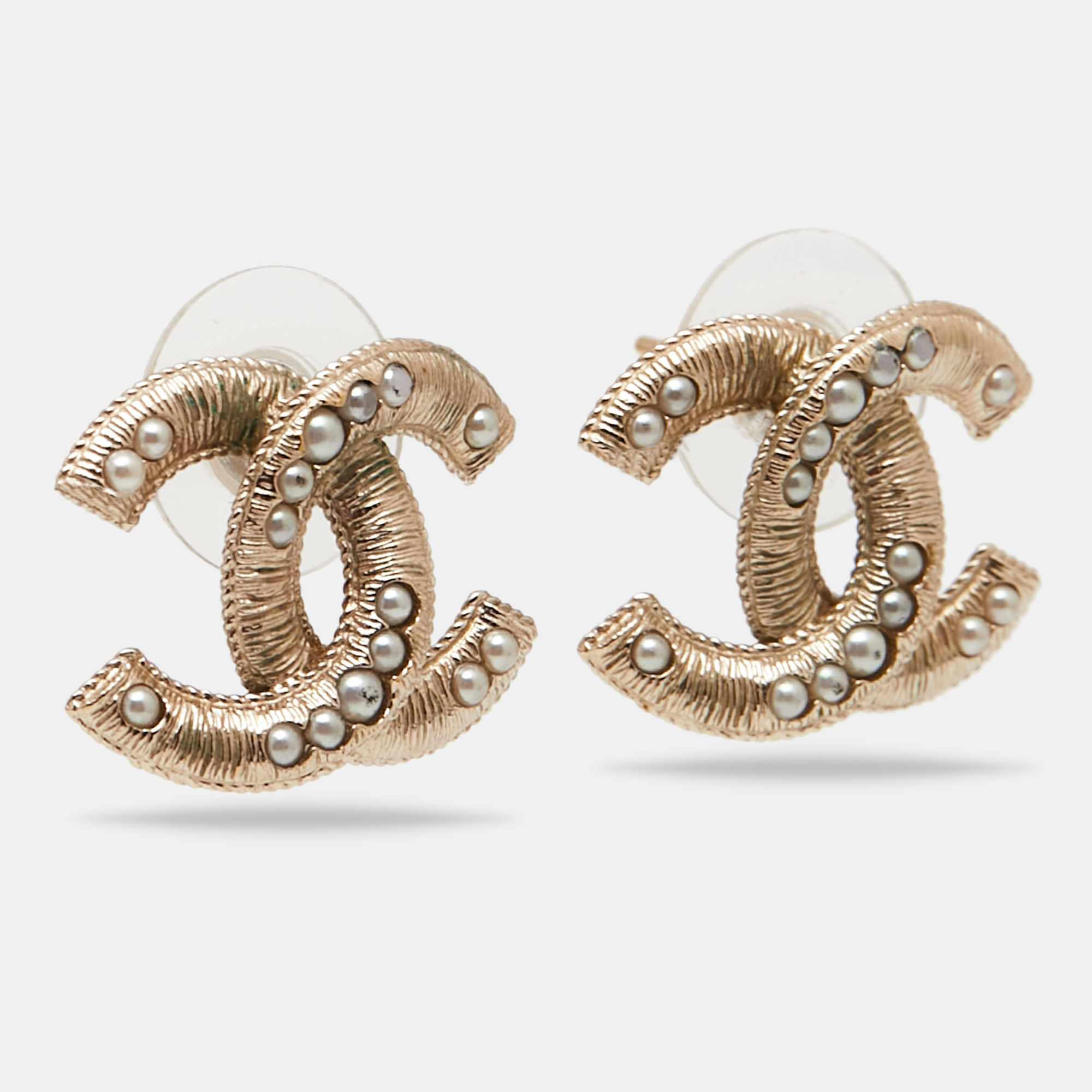 

Chanel Pale Gold Tone Faux Pearls CC Stud Earrings