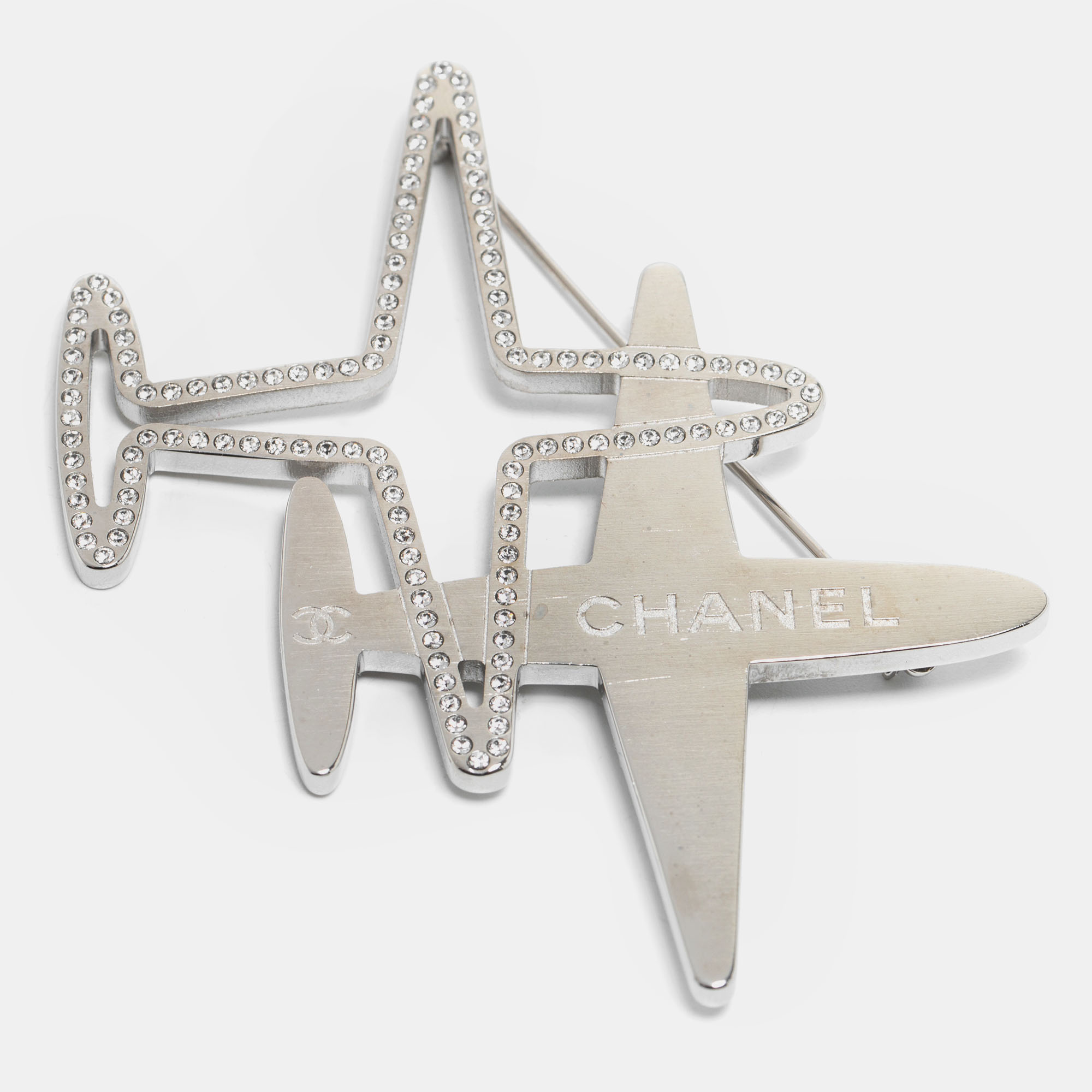 

Chanel Silver Tone Crystal Airplanes Pin Brooch