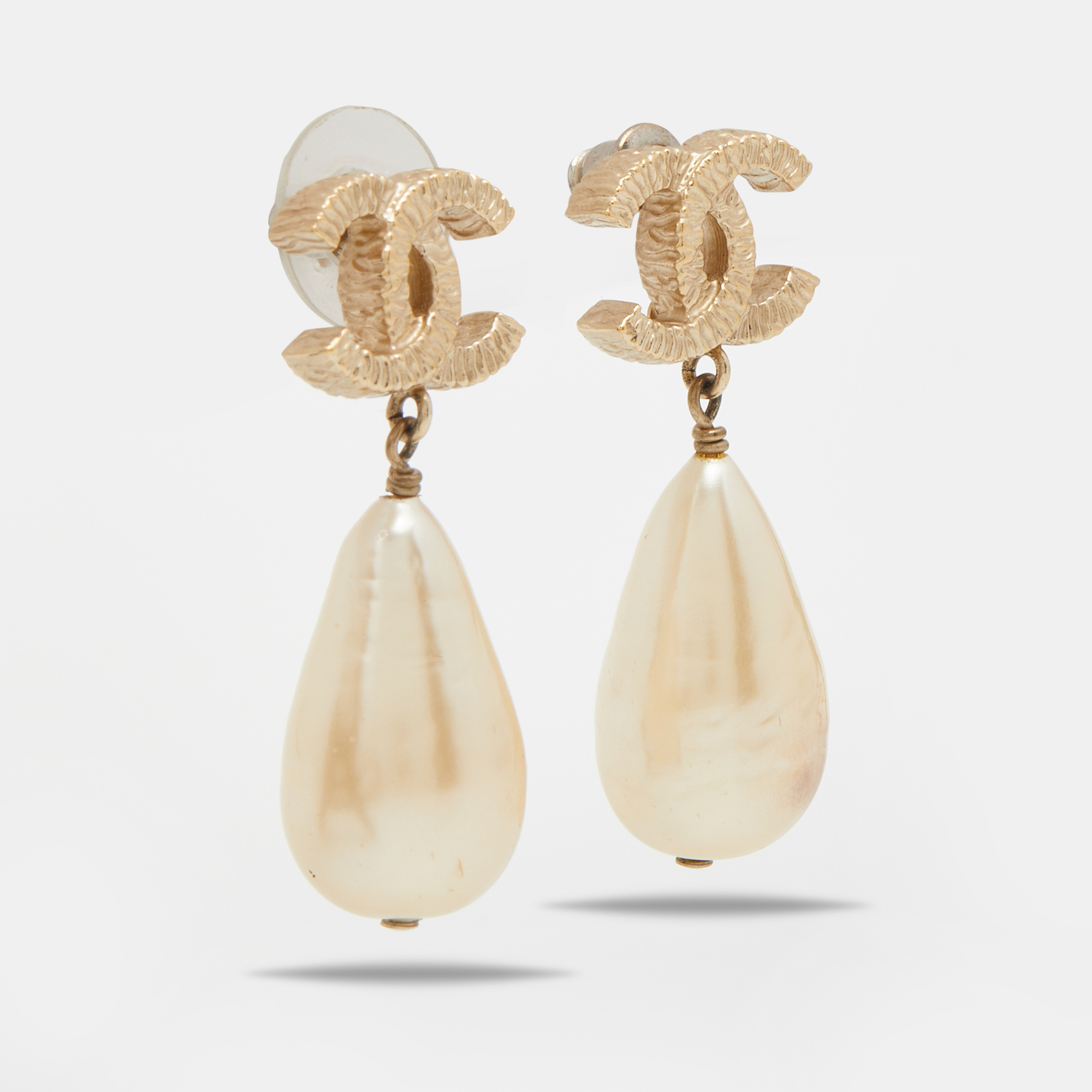 

Chanel Pale Gold Tone CC Faux Pearl Dangle Earrings, White