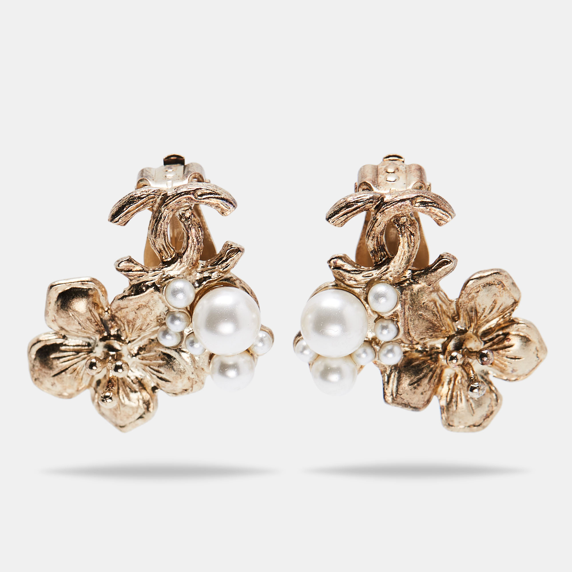 

Chanel CC Camellia Faux Pearl Clip On Stud Earrings, Gold