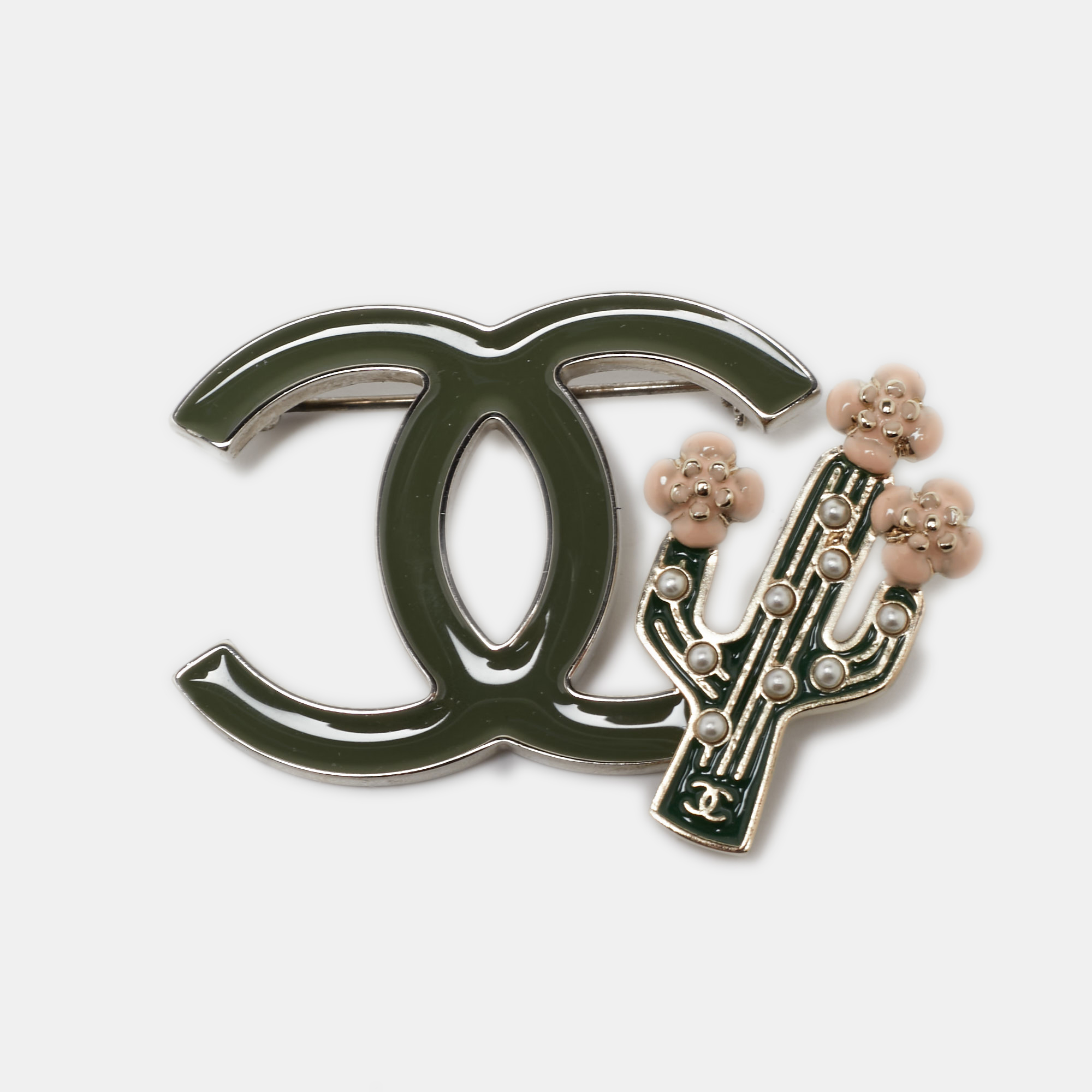 Chanel Olive Green Enamel Cactus CC Pin Brooch Chanel | TLC