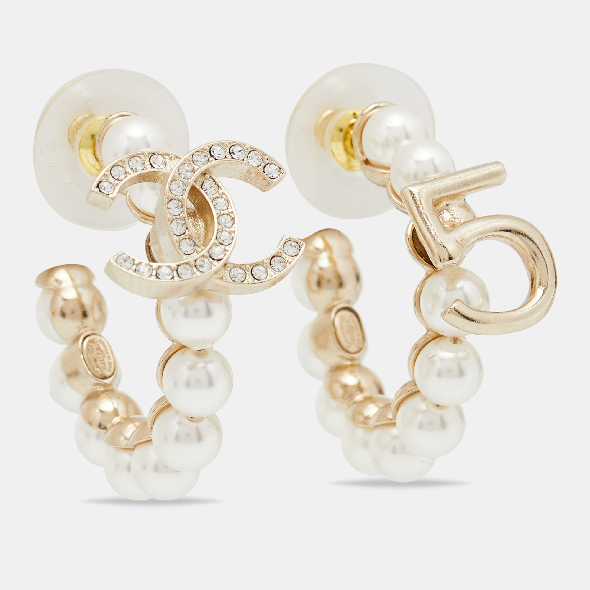 

Chanel Faux Pearl & Crystal CC No 5 Hoop Earrings, White