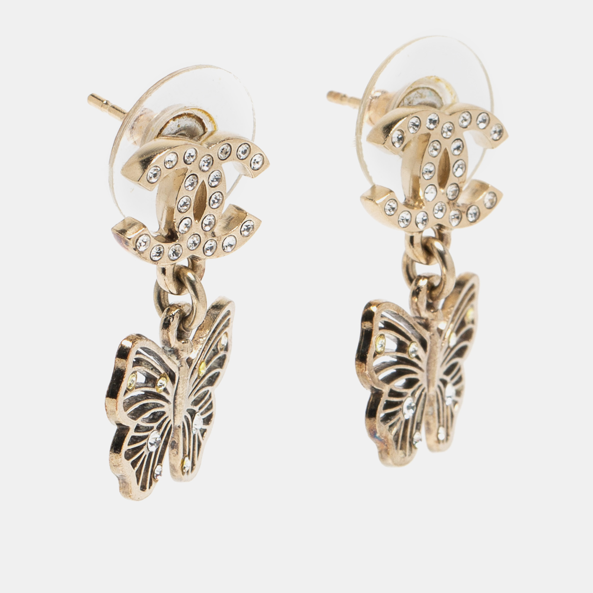 

Chanel Pale Gold Tone Crystal CC Butterfly Drop Earrings