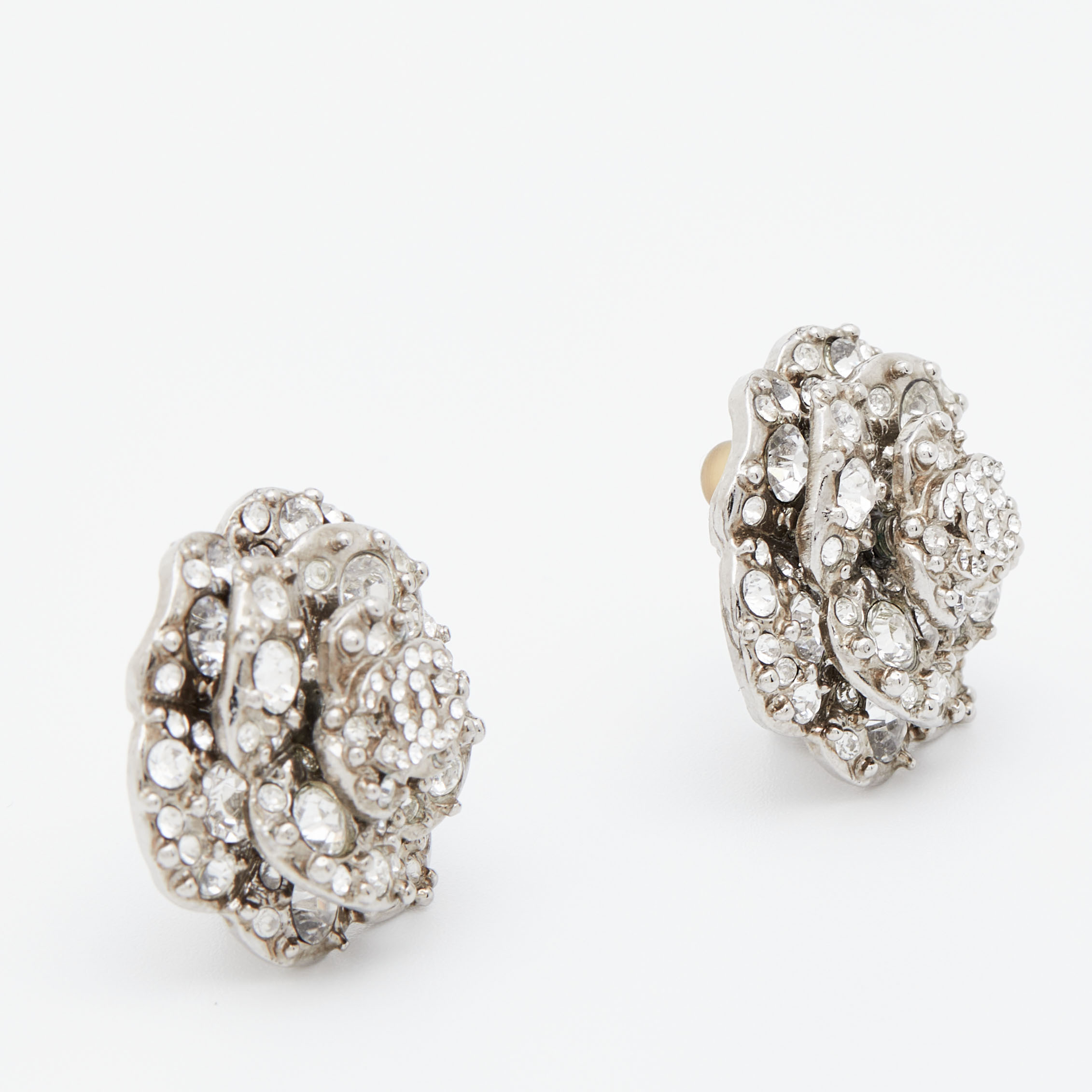 

Chanel Silver Tone CC Crystal Camellia Clip-On Earrings