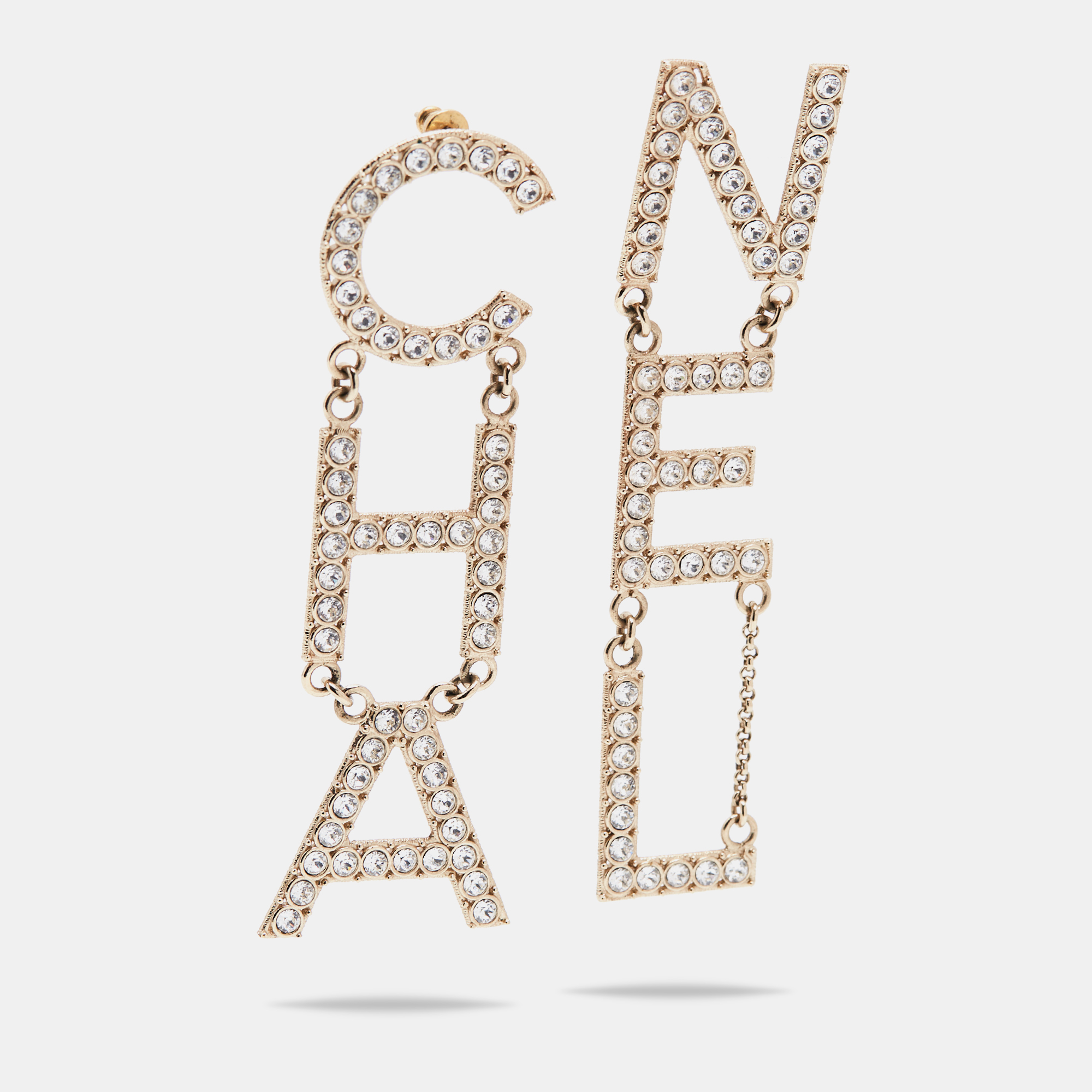 

Chanel Pale Gold Tone Crystal Studded Logo Drop Earrings