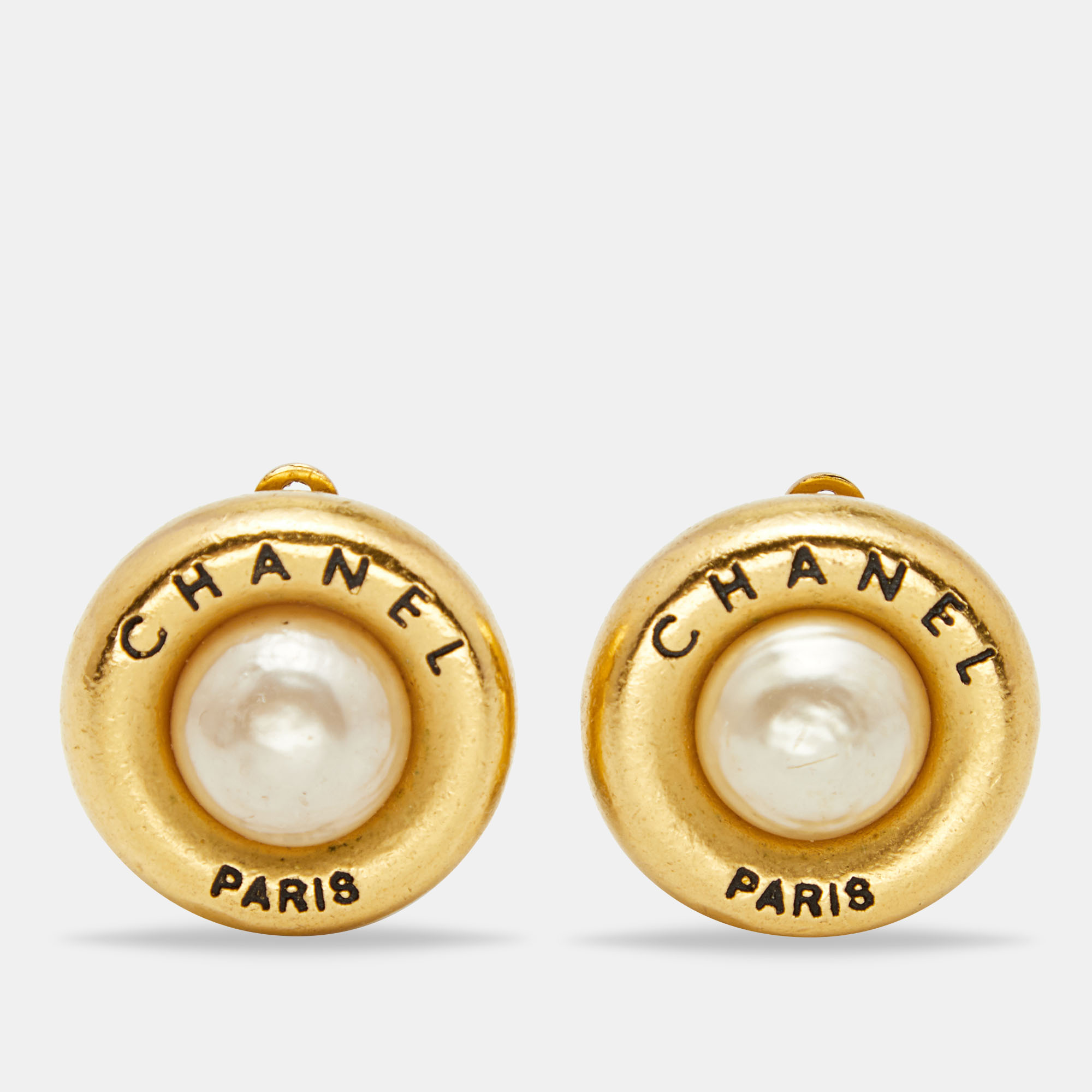 Chanel Vintage Gold Tone Faux Pearl Round Clip On Earrings Chanel The