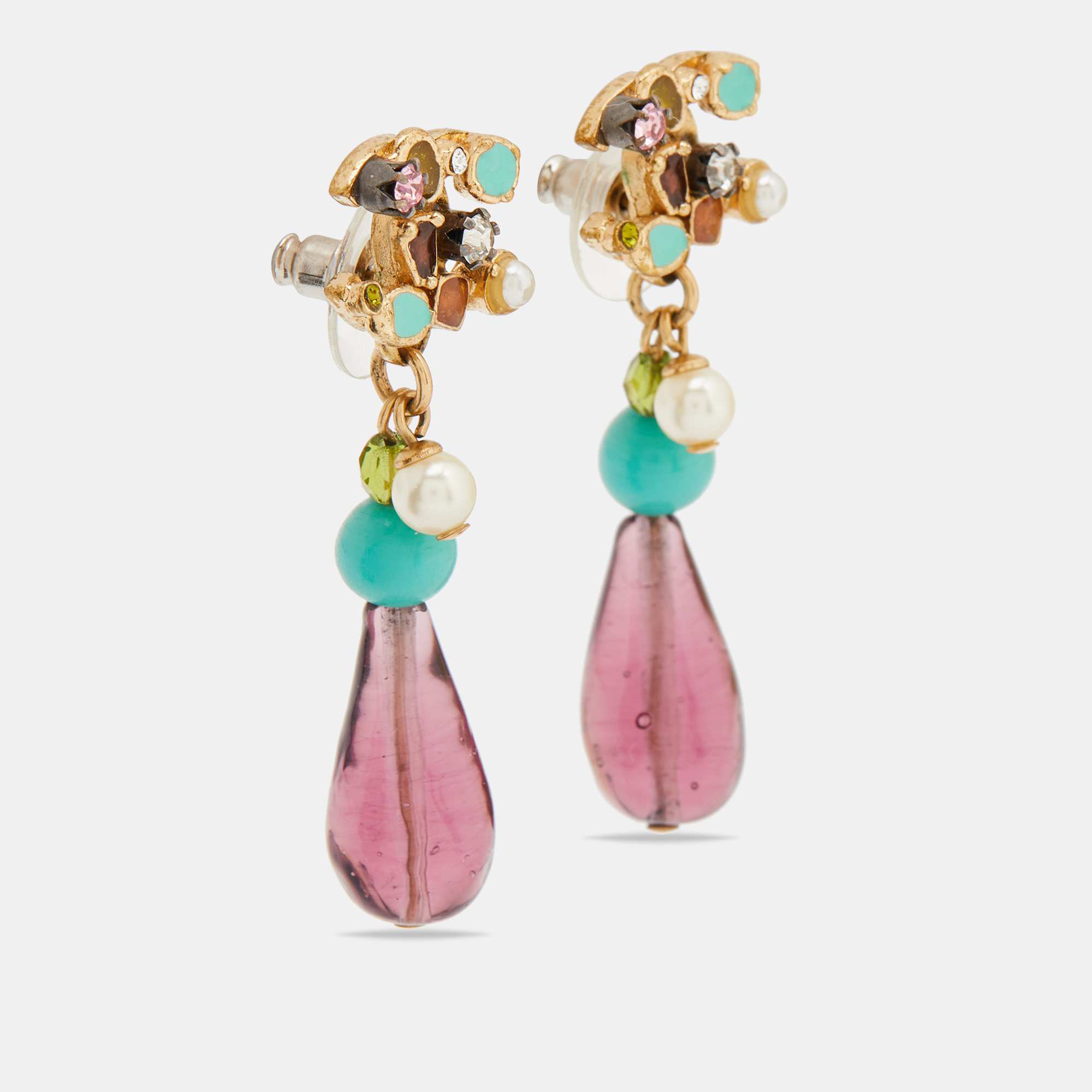 

Chanel Gold Tone Multicolor Enamel Crystal CC Bead Drop Earrings