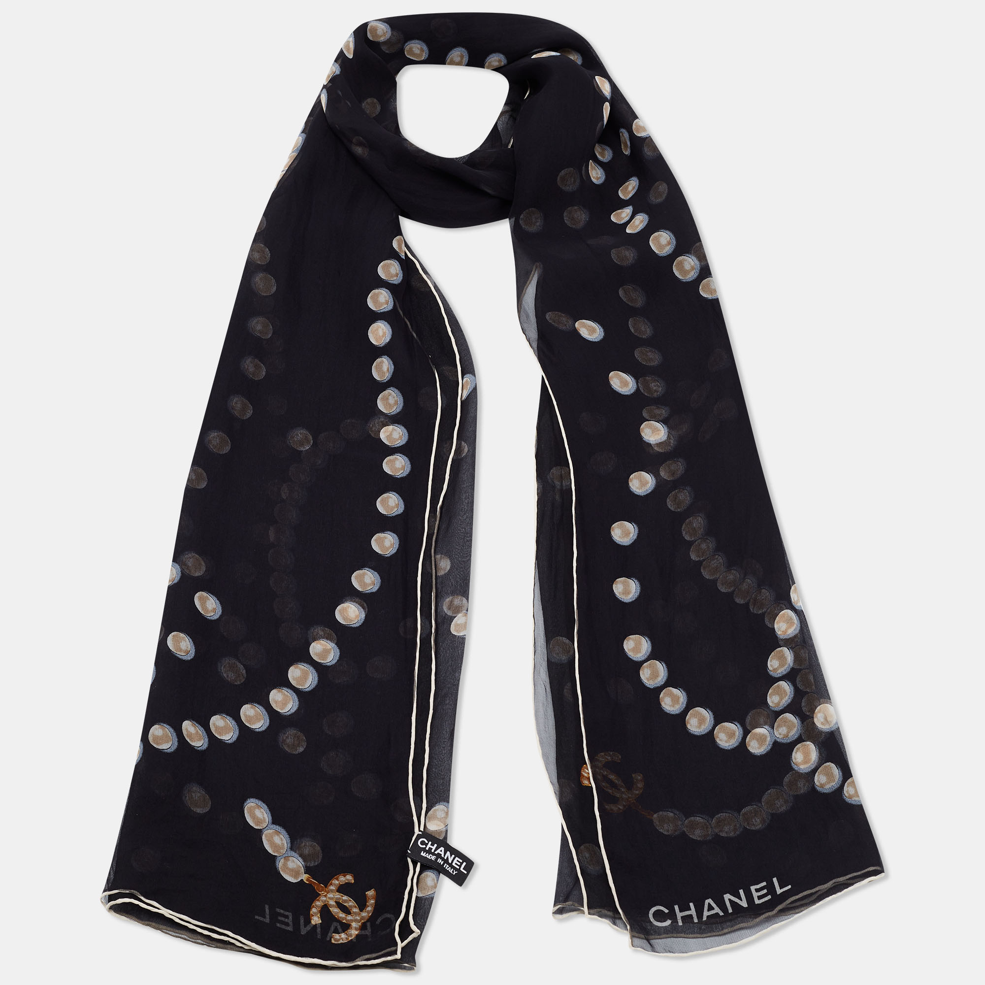 

Chanel Black Pearl Printed Silk Scarf