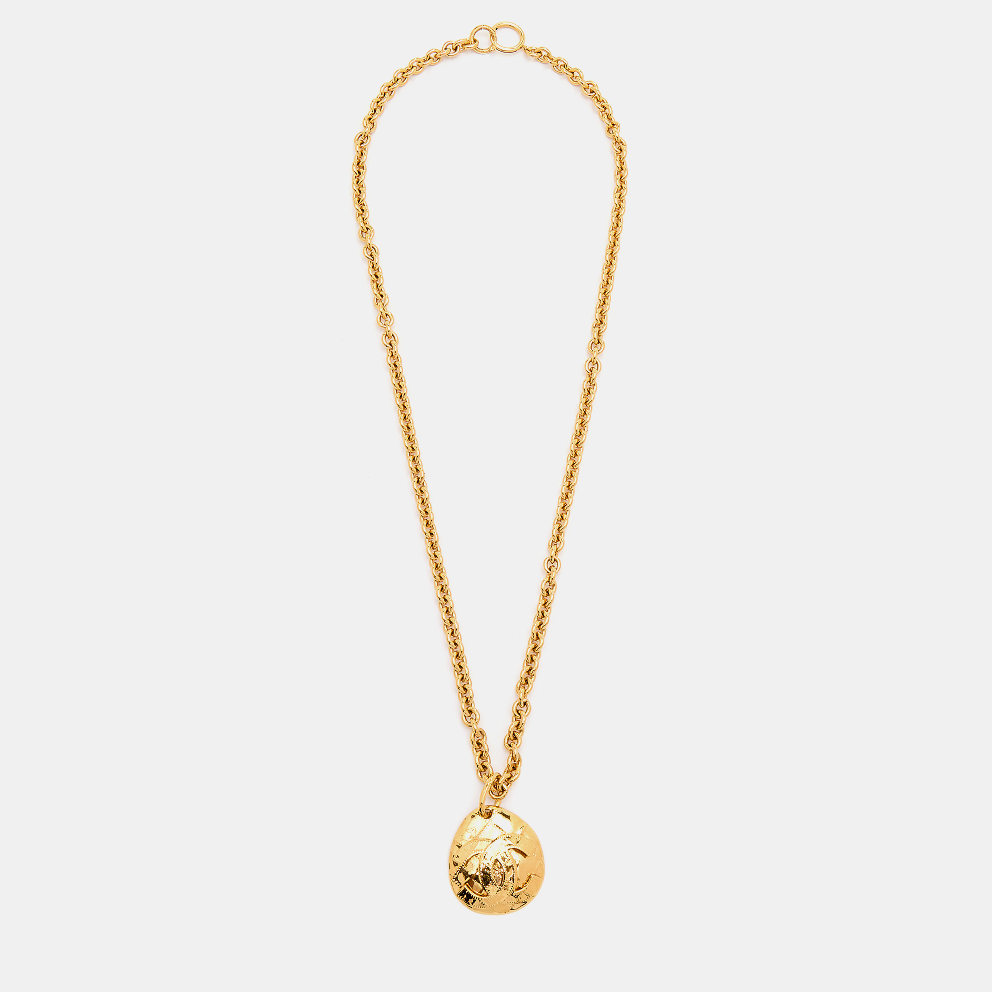 

Chanel Vintage Gold Tone Quilted CC Pendant Necklace