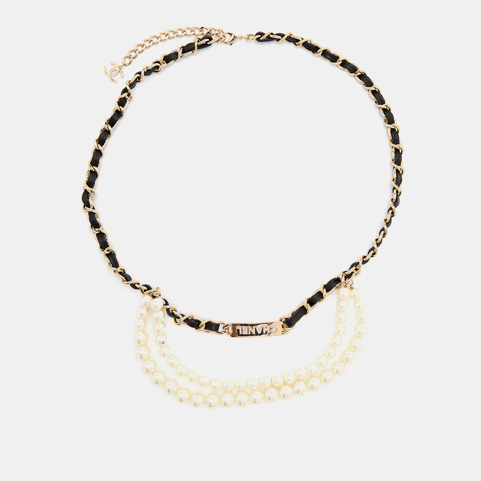 Pre Owned Chanel Gold Tone Leather Woven Pearl Strand Hip Belt