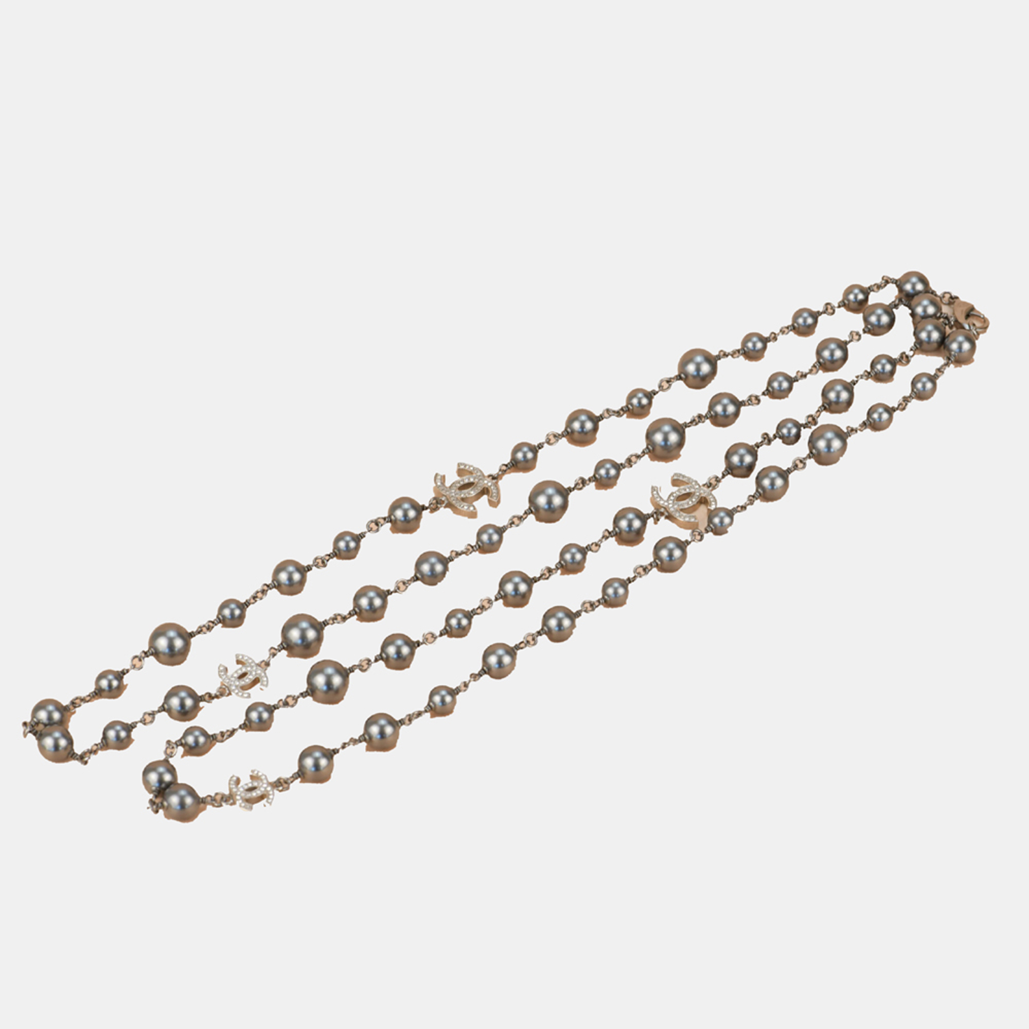 

Chanel CC Pearl Crystal Silver Grey Long Necklace