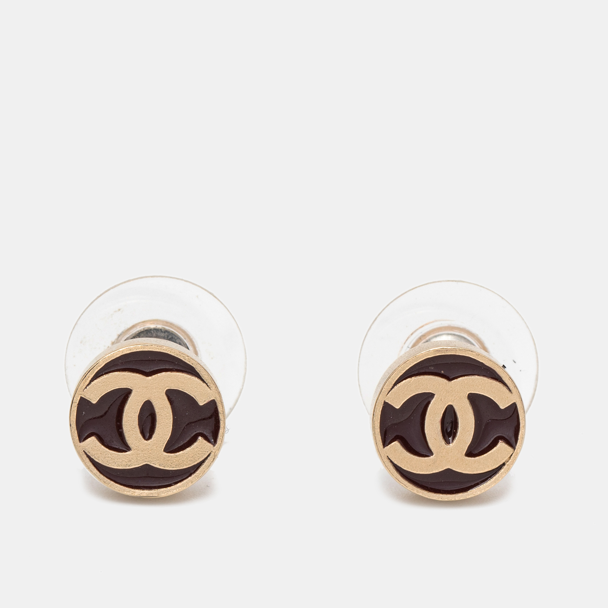 Pre Owned Chanel Gold Tone Burgundy Lacquer CC Stud Earrings