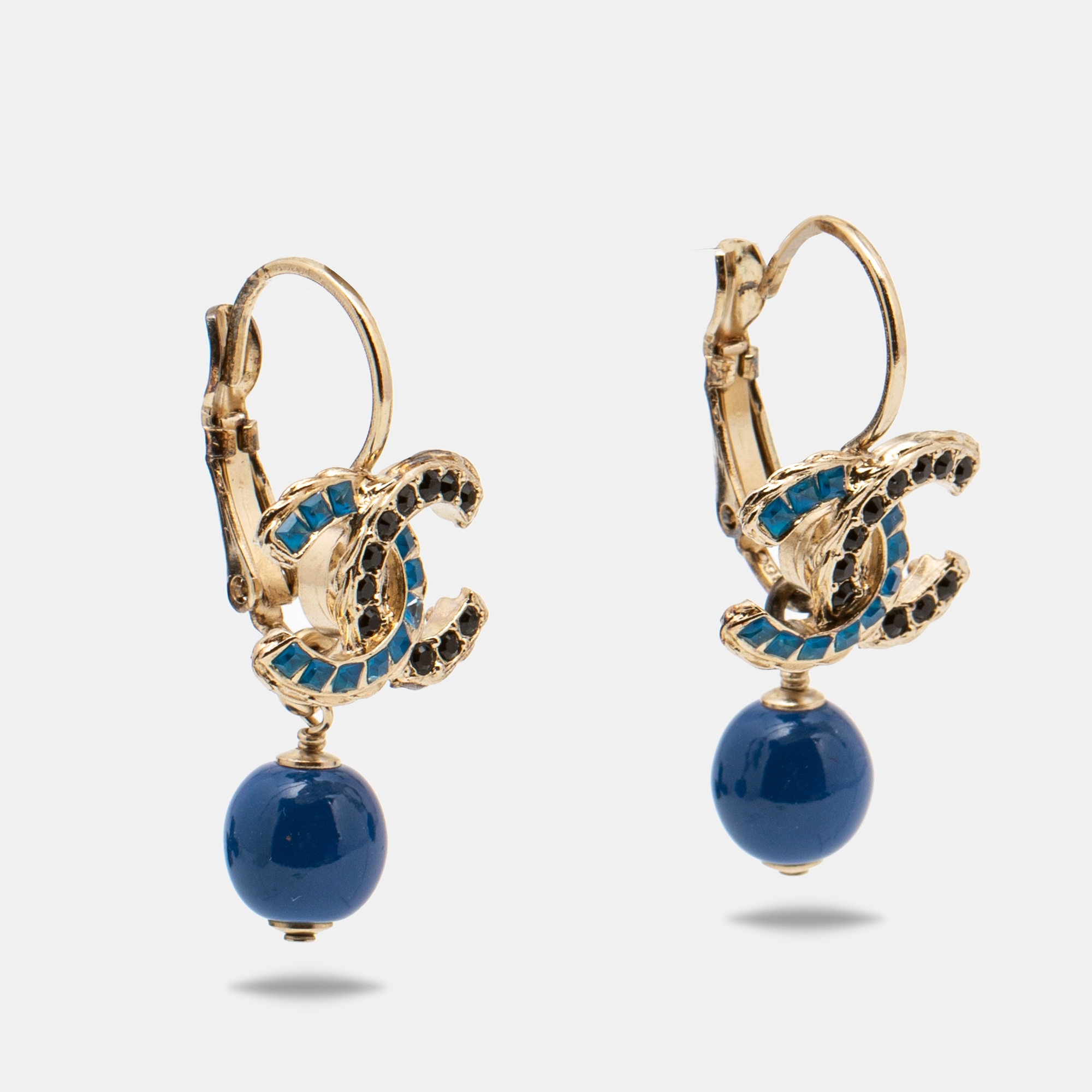 

Chanel Blue Bead Drop Crystal CC Hook Earrings