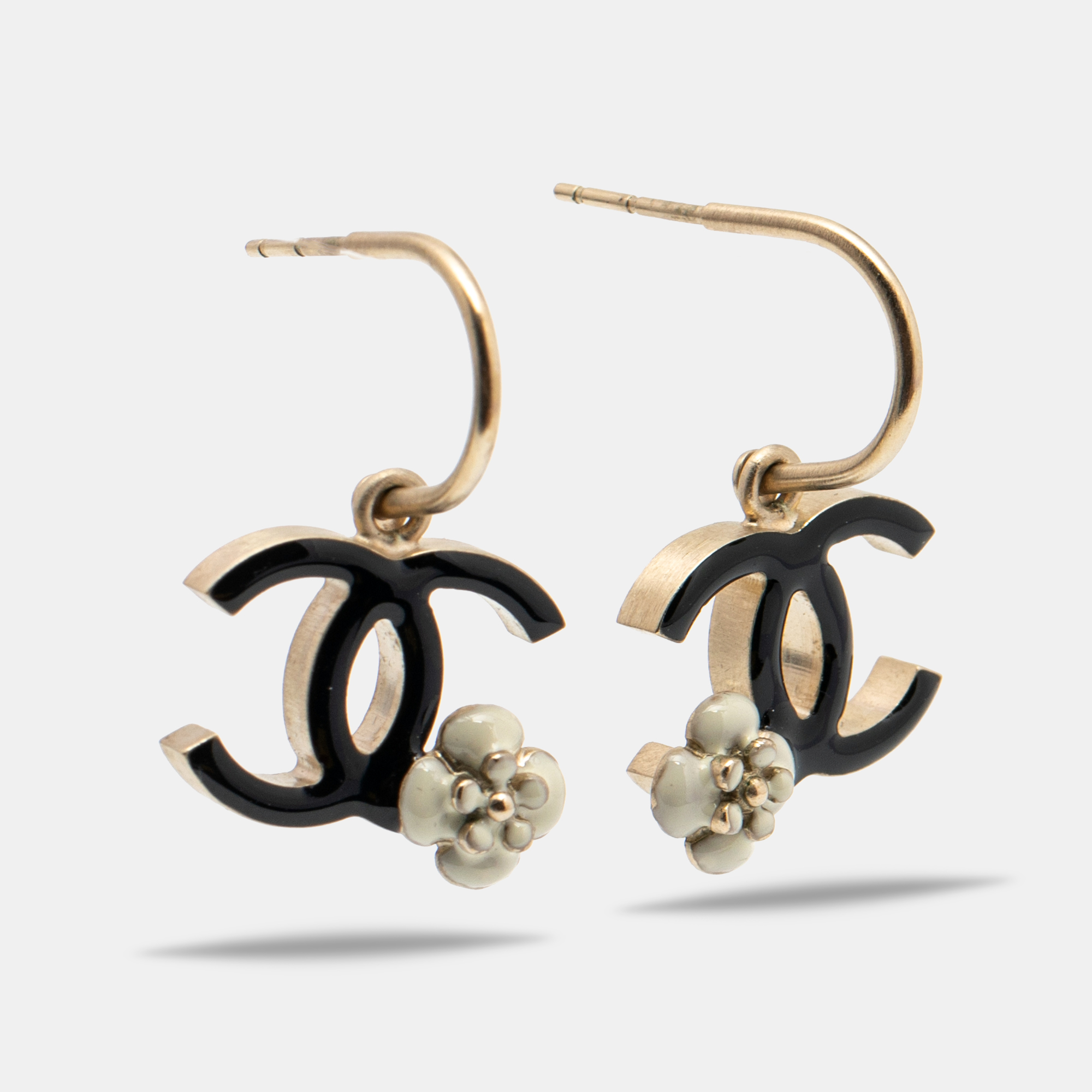 

Chanel Gold Tone Enamel CC Camellia Drop Earrings