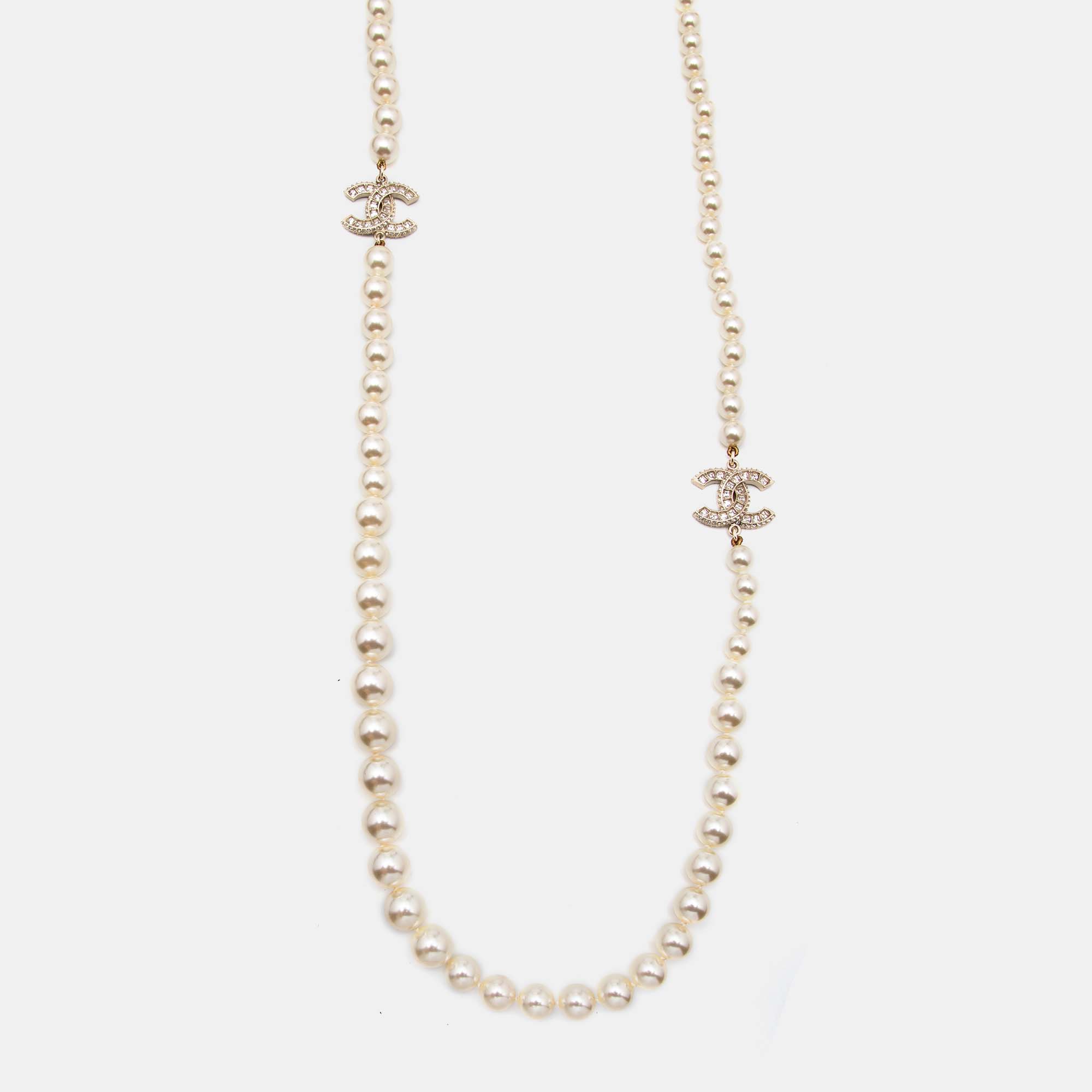 

Chanel CC Crystals Faux Pearl Gold Tone Long Necklace